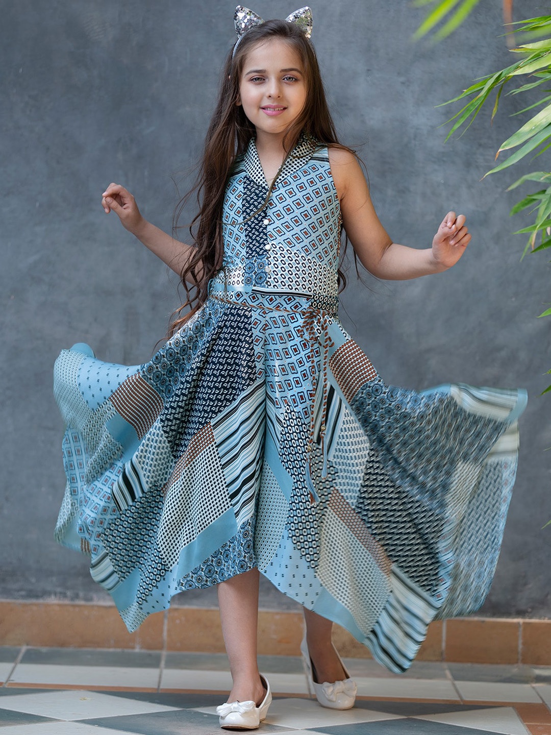 

Peppermint Girls Blue & Grey Printed Basic Jumpsuit