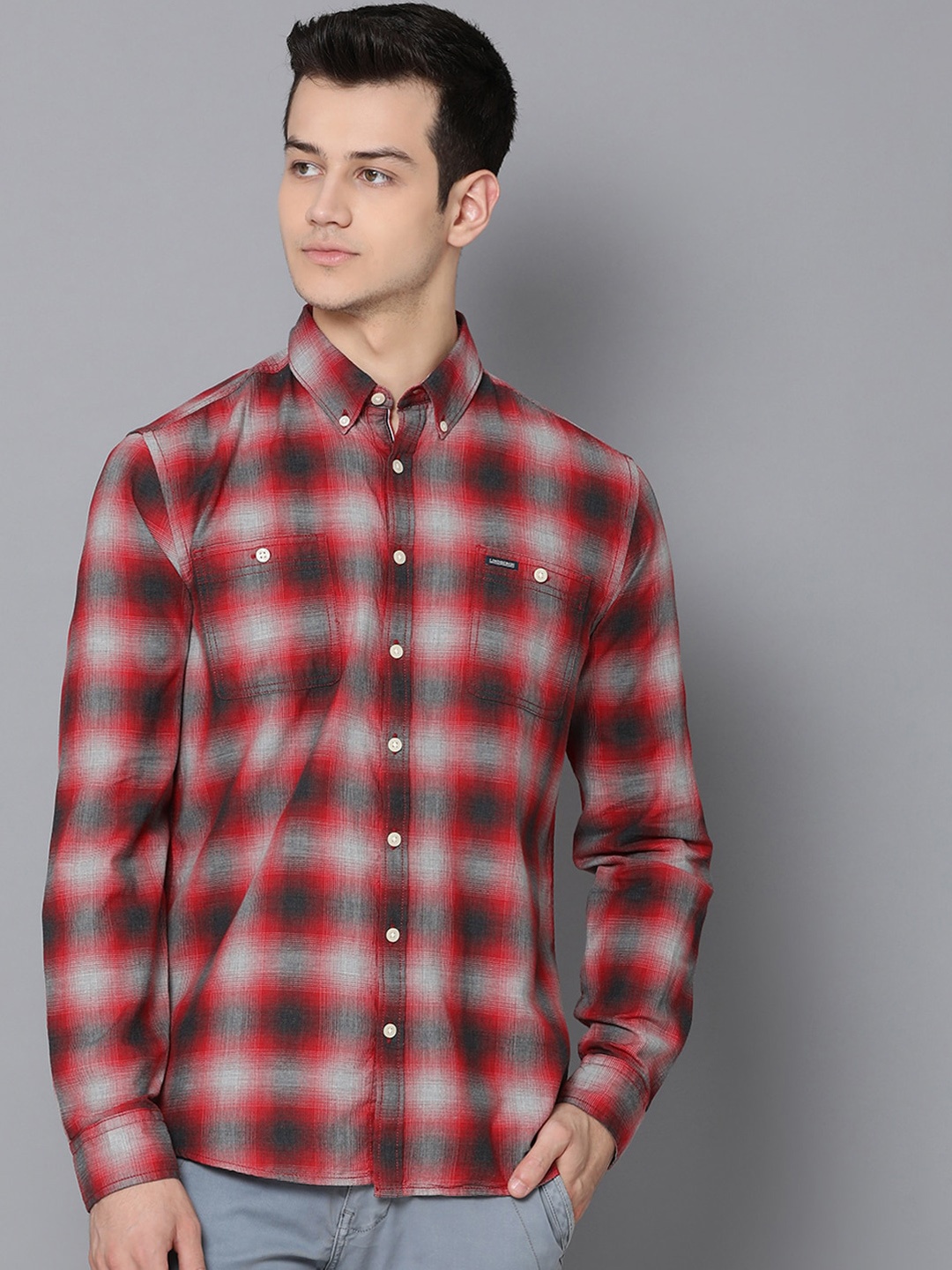 LINDBERGH Men Red & Black Slim Fit Checked Casual Shirt