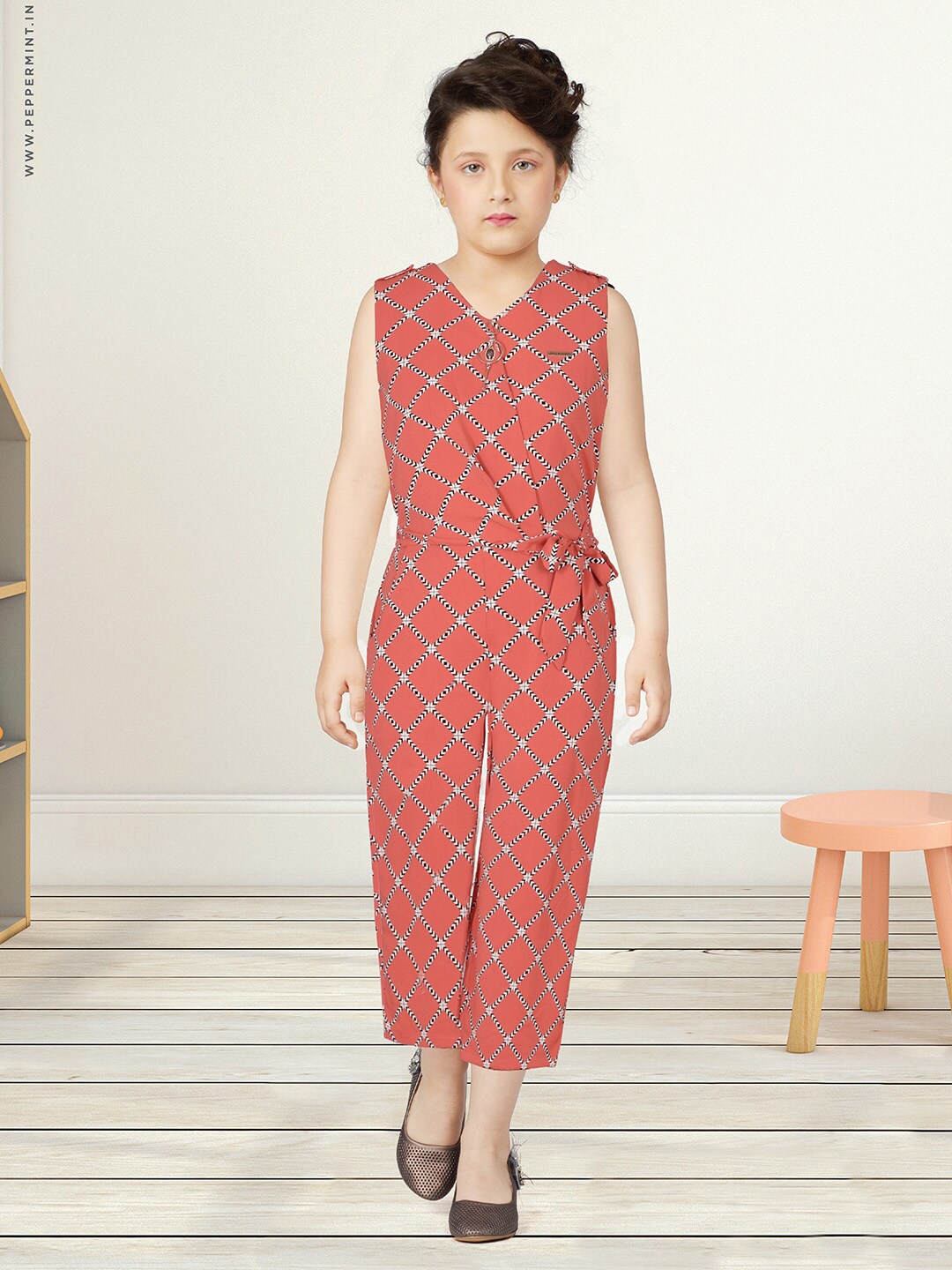 Peppermint Girls Peach-Coloured Checked Basic Jumpsuit