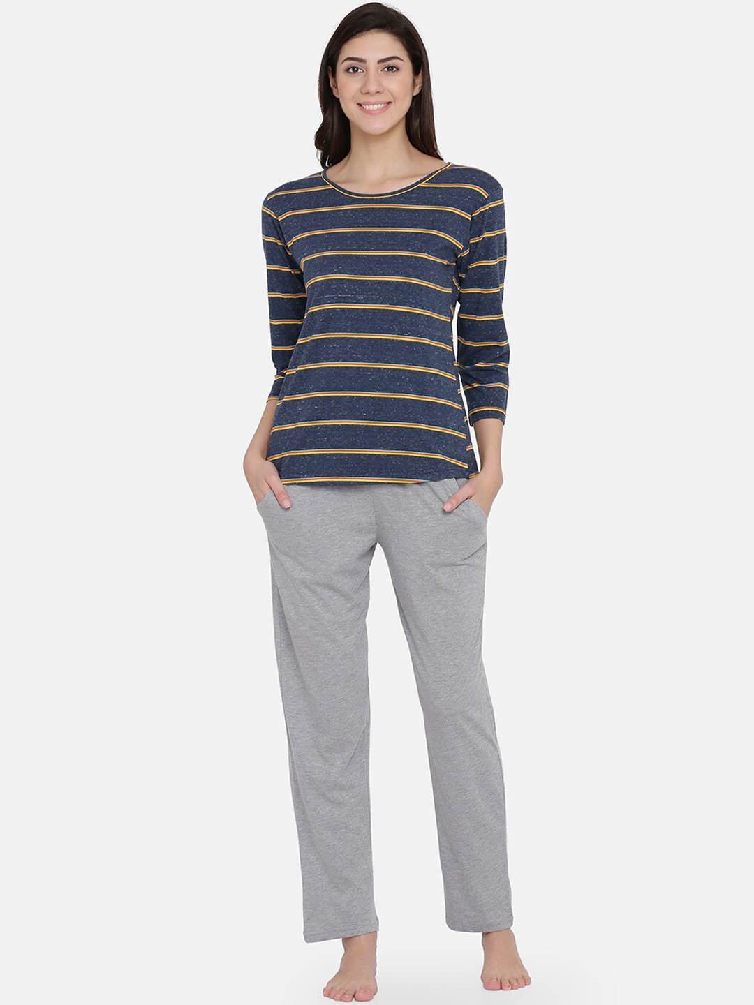 

Clovia Women Navy Blue & Grey Striped Night suit