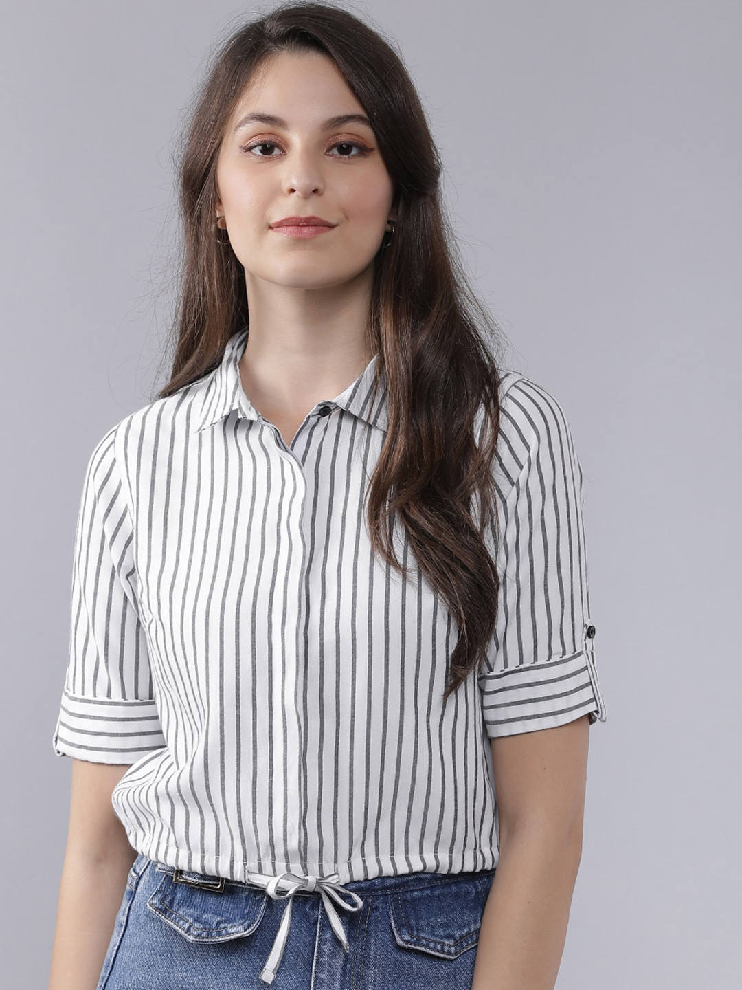 

Tokyo Talkies Women White & Grey Regular Fit Striped Casual Shirt