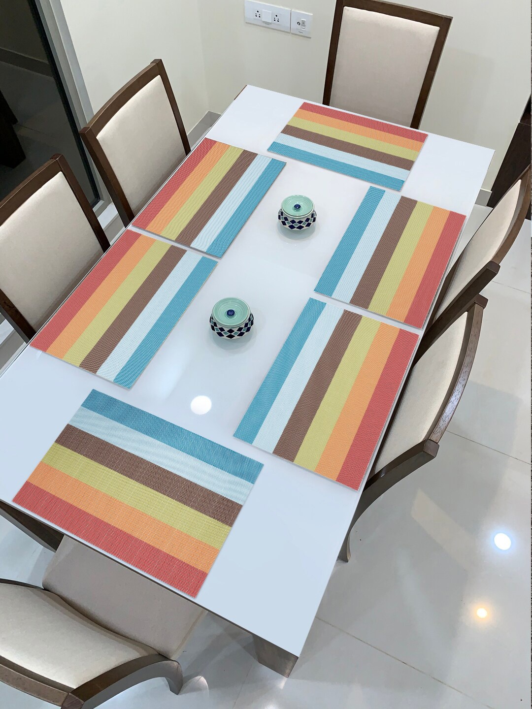

HOKIPO Set Of 6 Multicoloured Striped Heat Resistant Table Placemats, Multi