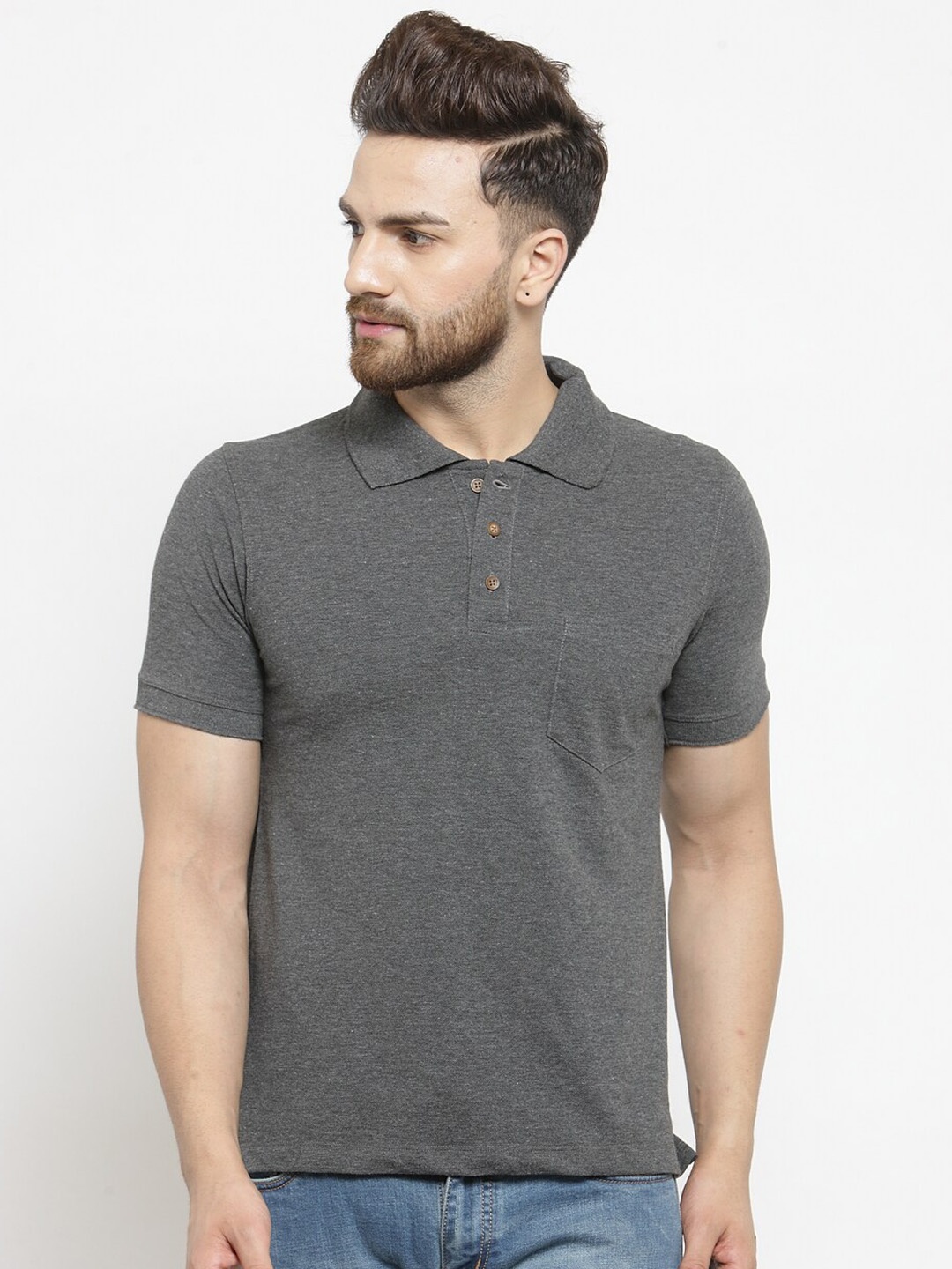 

Kalt Men Grey Solid Polo Collar T-shirt