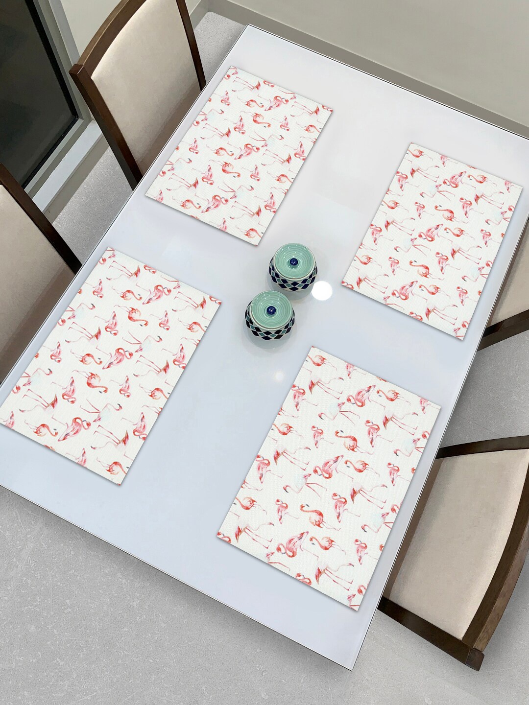 

HOKIPO Set Of 4 White & Pink Flamingo Printed Reversible Table Placemats