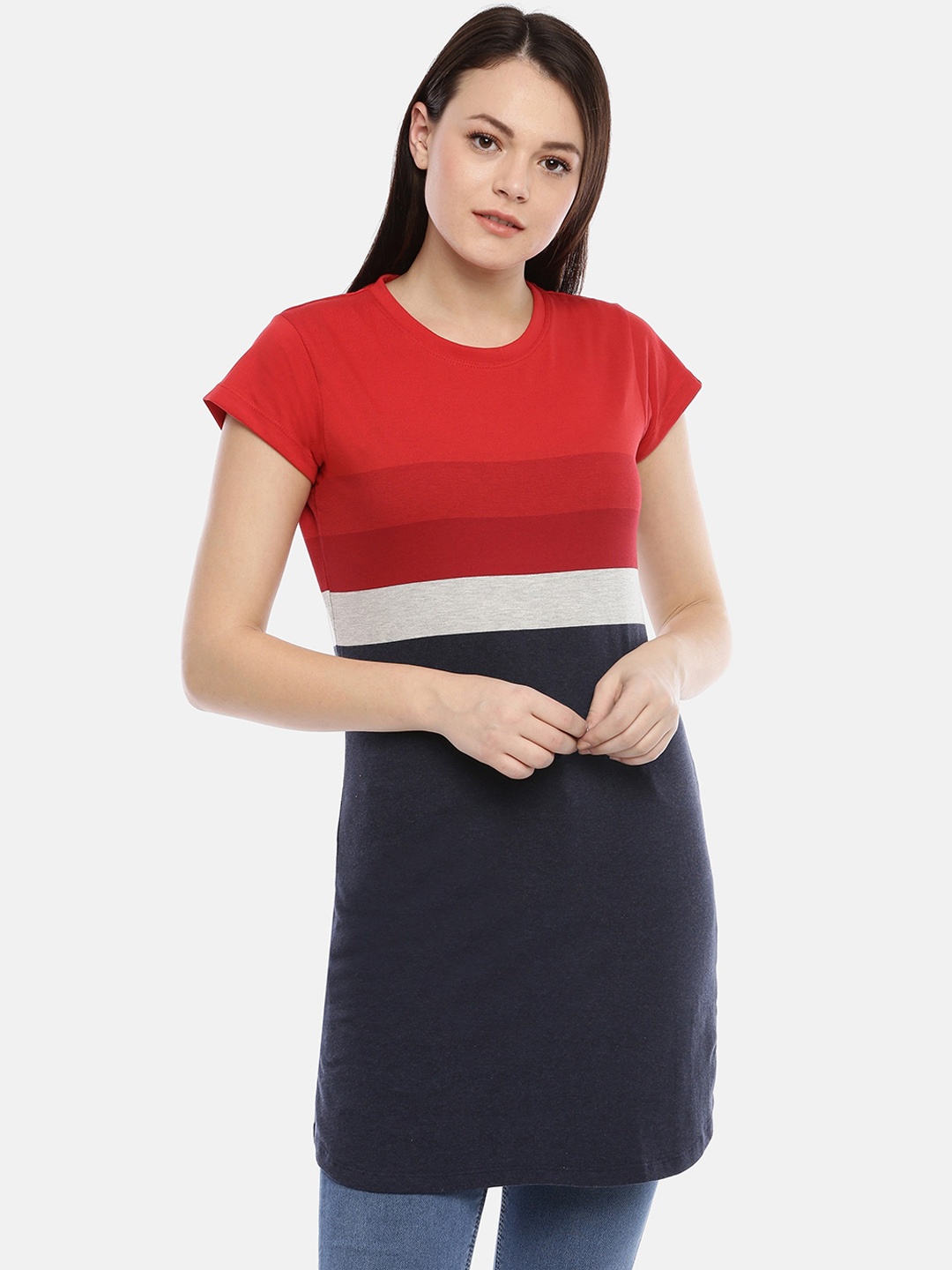 

GOLDSTROMS Women's Red & Navy Blue Colourblocked Tunic