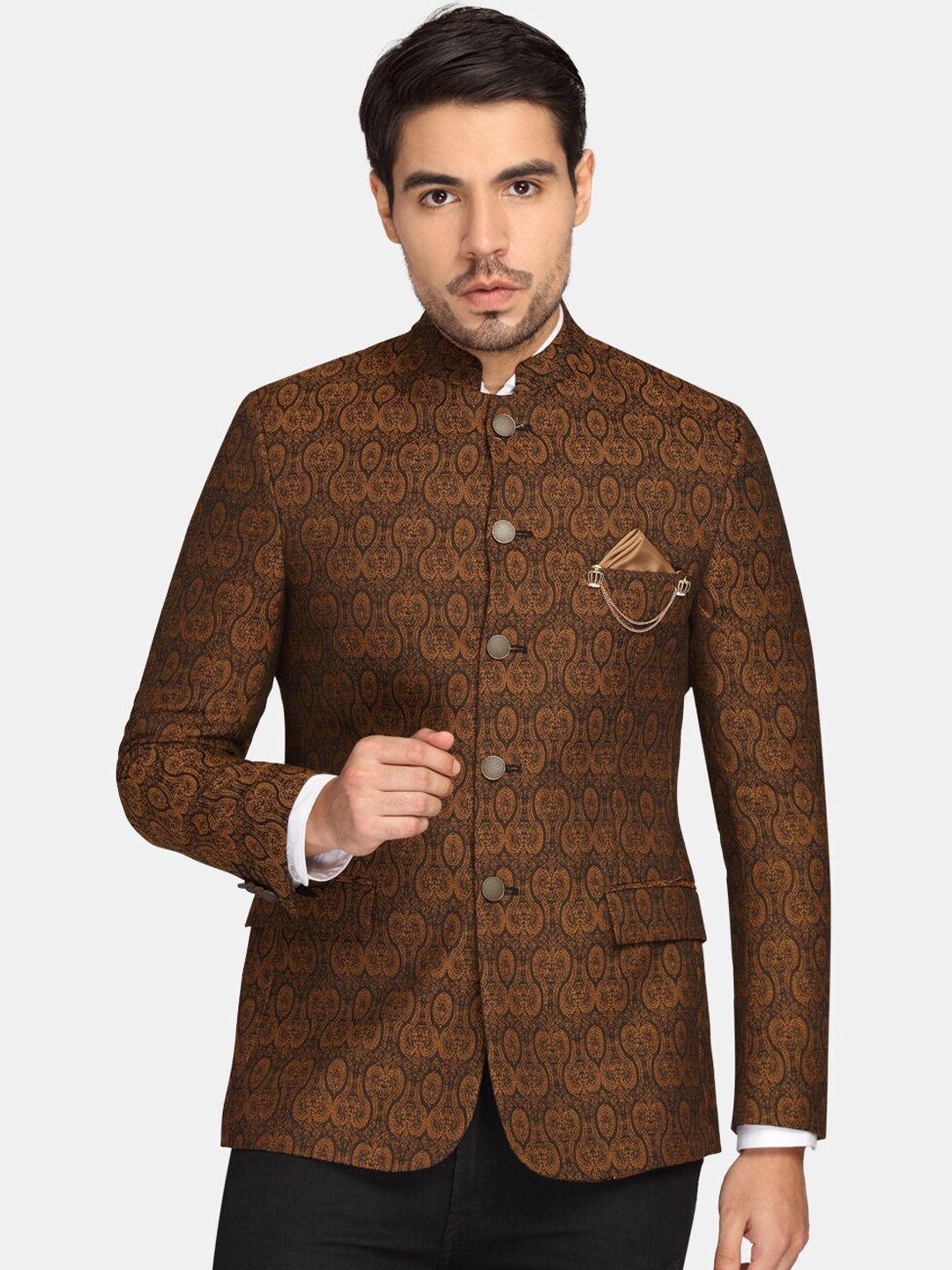 

Theme Men Brown Printed Super Slim-Fit Bandhgala Blazer