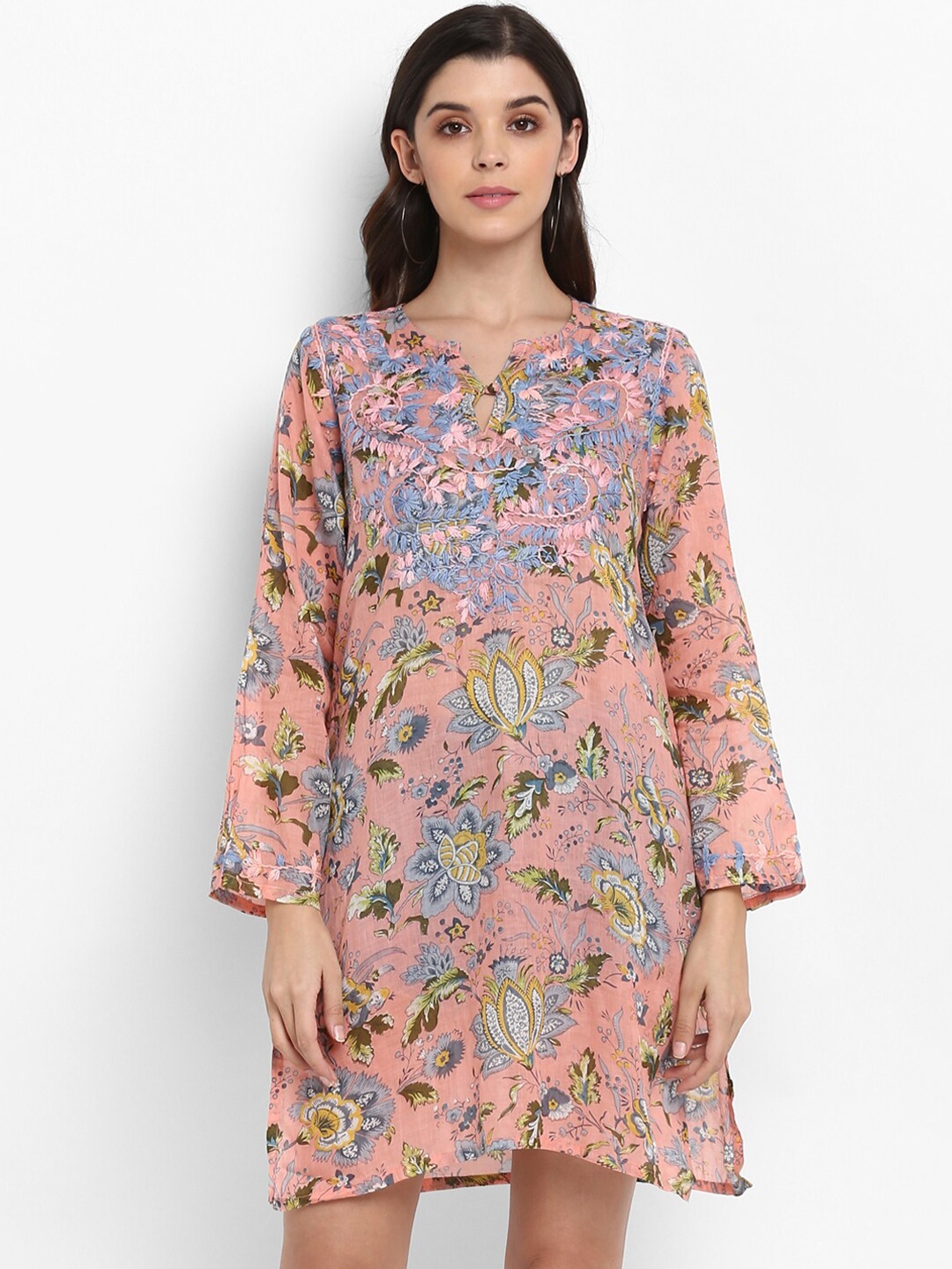 

Aditi Wasan Women Peach-Coloured & Blue Hand Embroidered Tunic