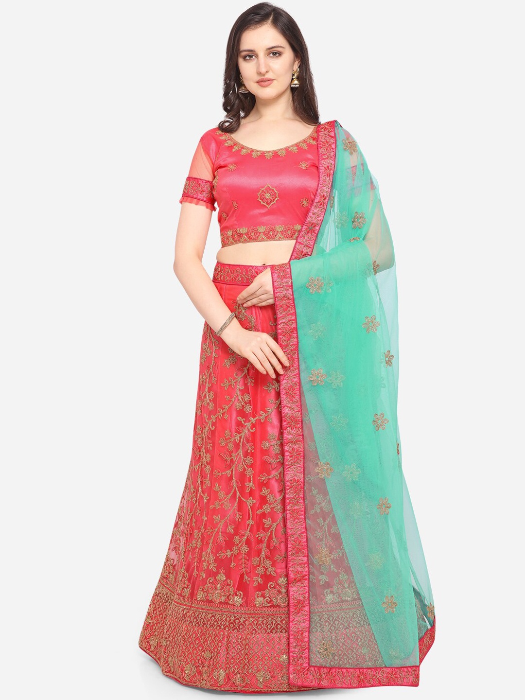 

VRSALES Pink & Sea Green Embroidered Semi-Stitched Lehenga & Unstitched Blouse with Dupatta