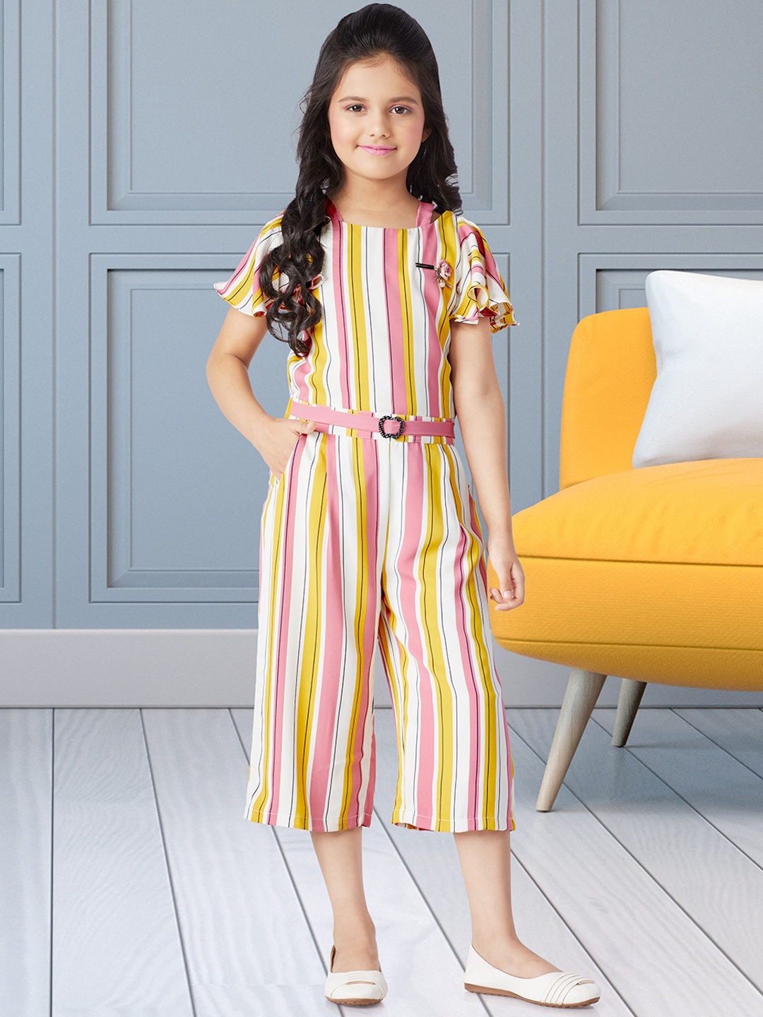 

Peppermint Girls Pink & Yellow Striped Culotte Jumpsuit