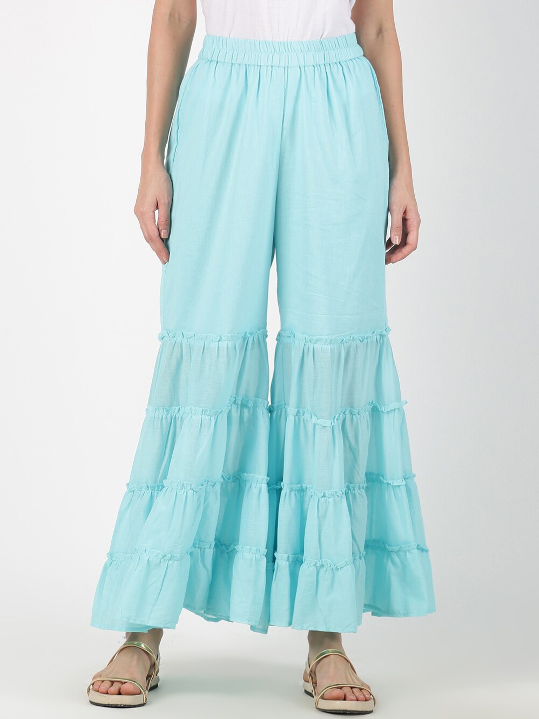 Saffron Threads Women Turquoise Blue Solid Flared Palazzos