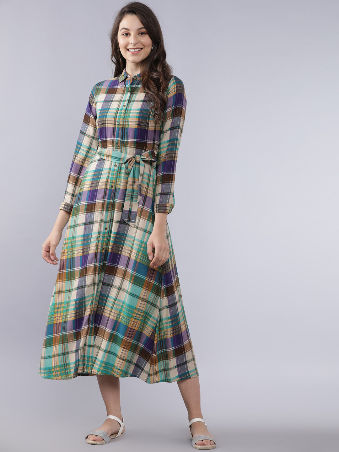 

Tokyo Talkies Women Beige & Turquoise Blue Checked Shirt Dress