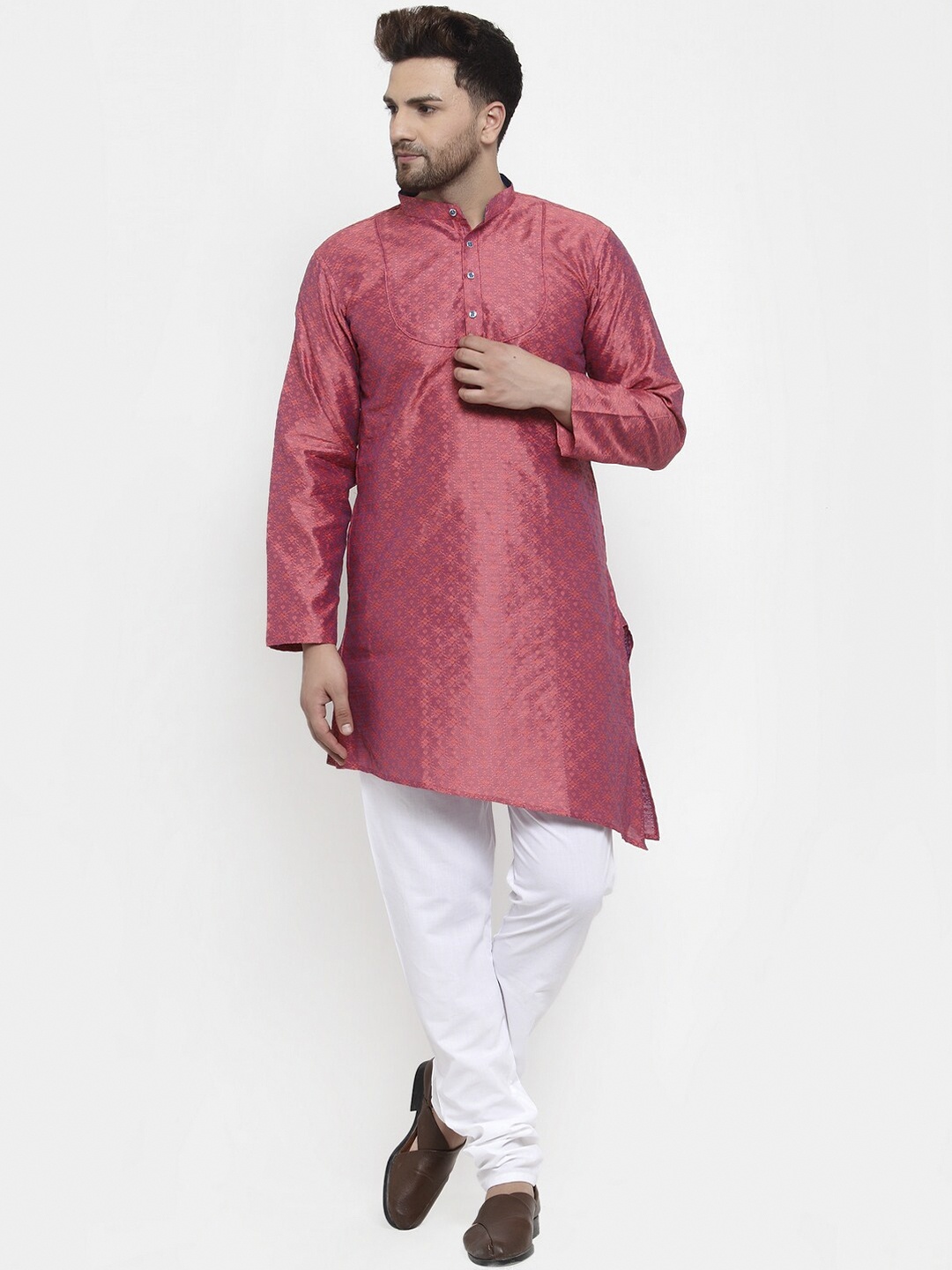 

KLOTTHE Men Self Design Kurta with Churidar Pyjamas, Pink
