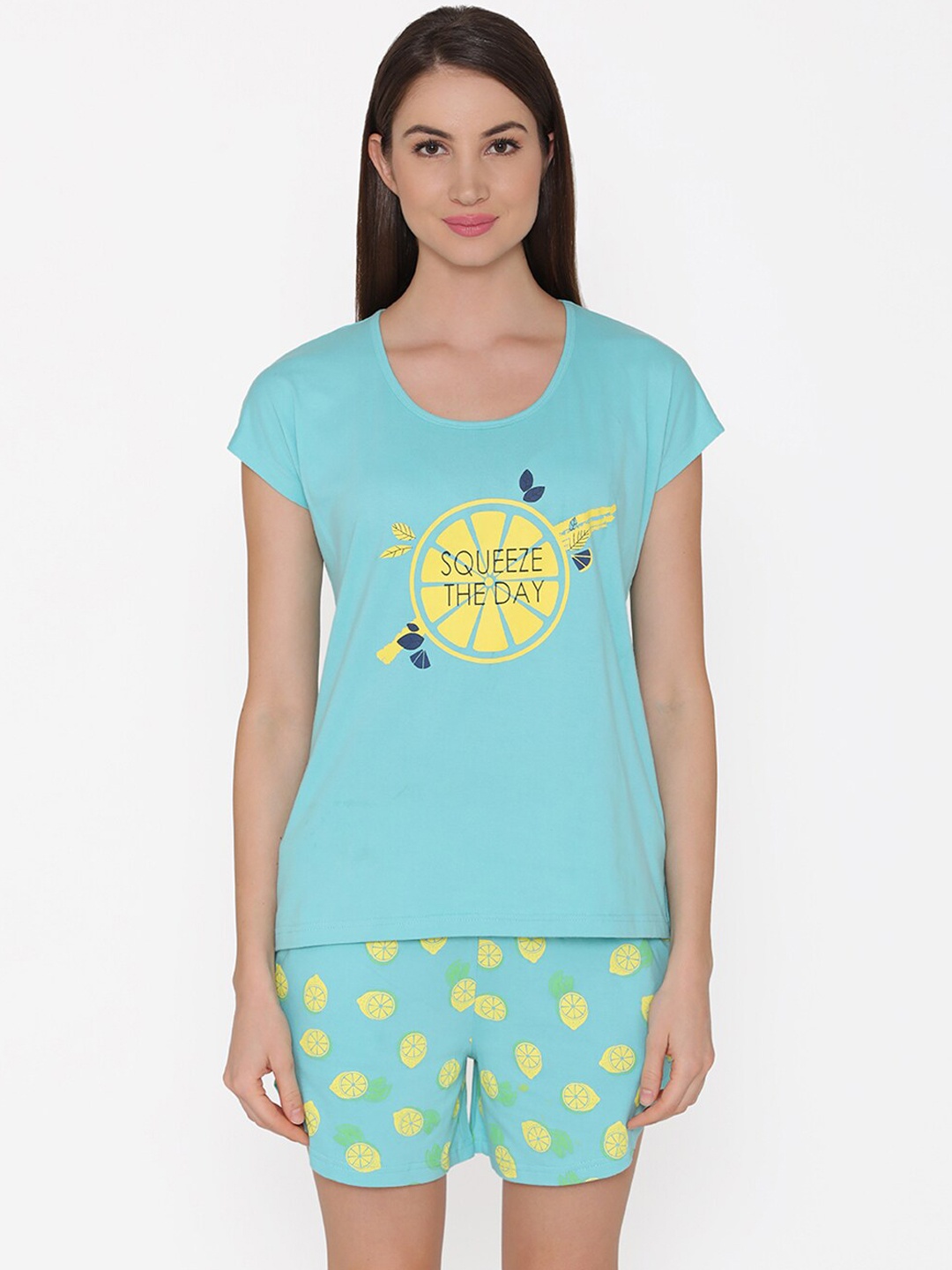 

Clovia Women Blue & Yellow Printed Night suit
