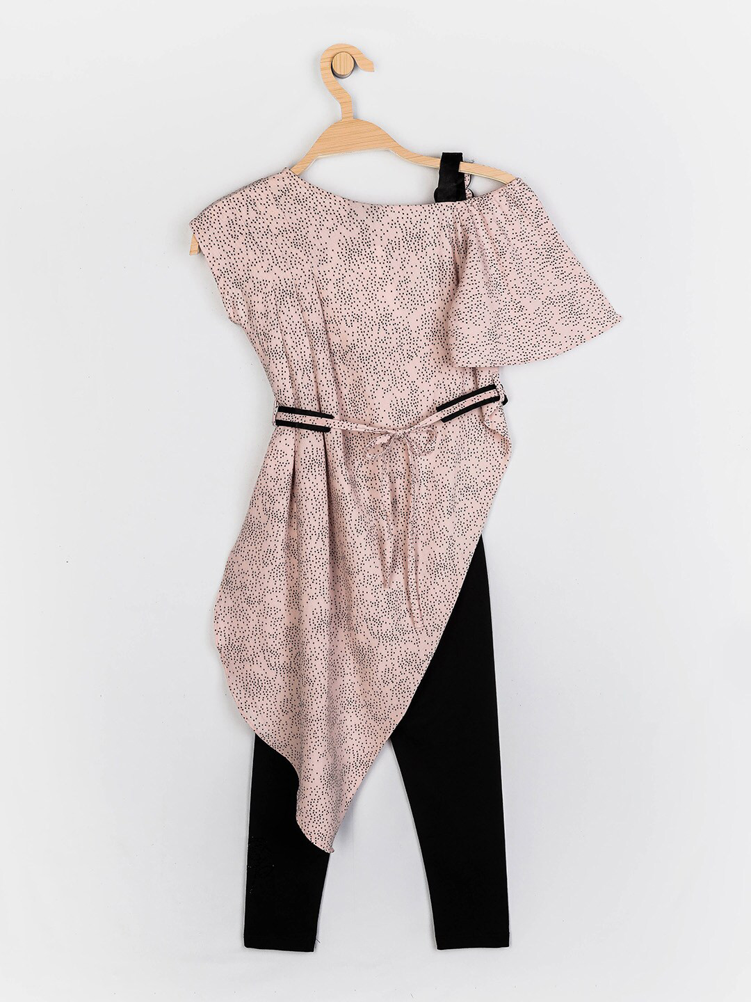 

Peppermint Girls Peach-Coloured & Black Printed Top with Leggings