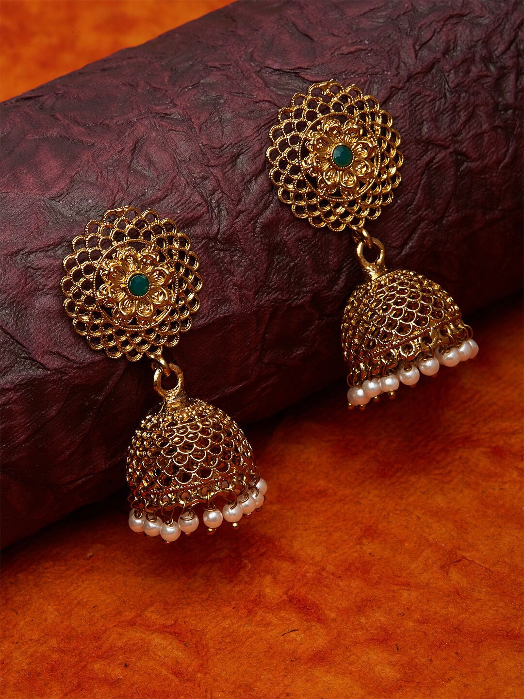 

Fida Gold-Plated & Green Temple Dome Shaped Jhumkas