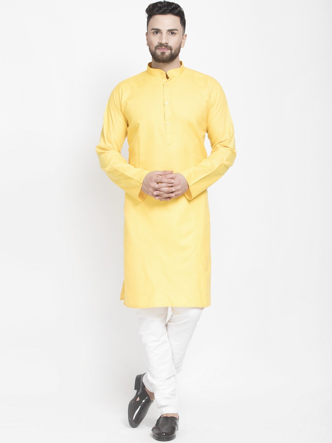 

Benstoke Men Yellow & White Solid Kurta with Pyjamas