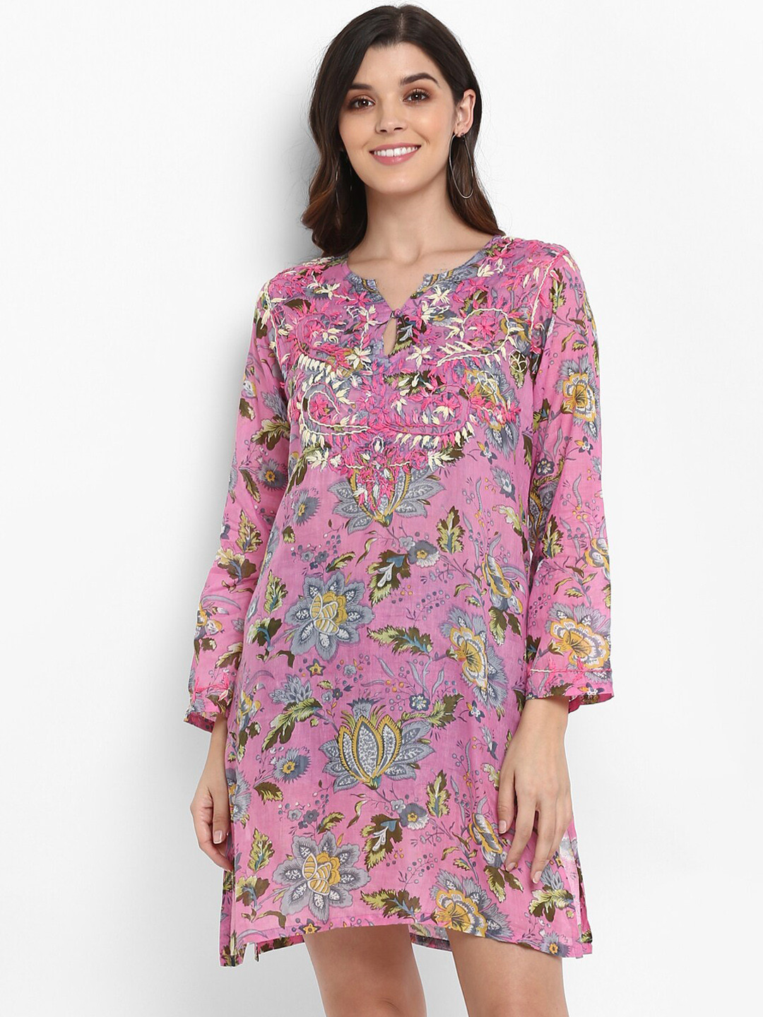 

Aditi Wasan Women Pink & Green Floral Hand Emroidered Tunic