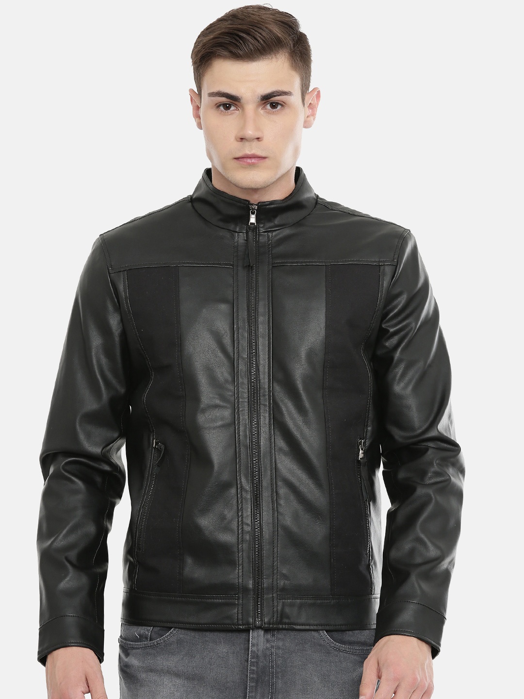 

MONOCHROME Men Black Solid Leather Insulator Biker Jacket