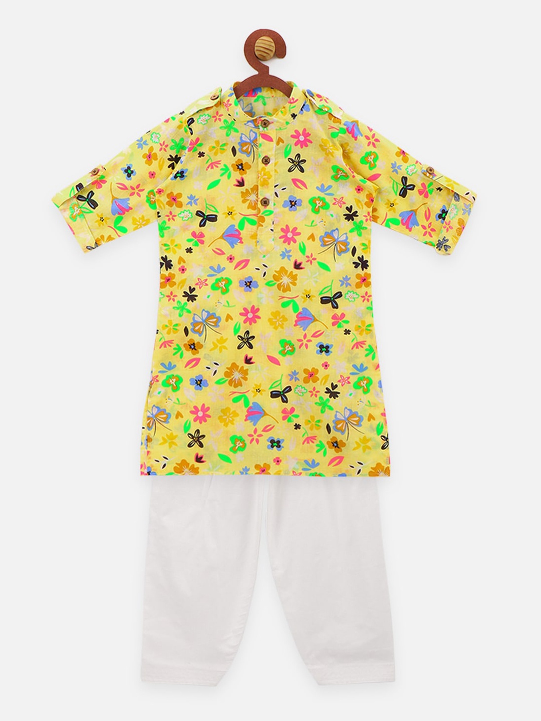 

LilPicks Boys Yellow & White Floral Print Kurta with Pyjamas