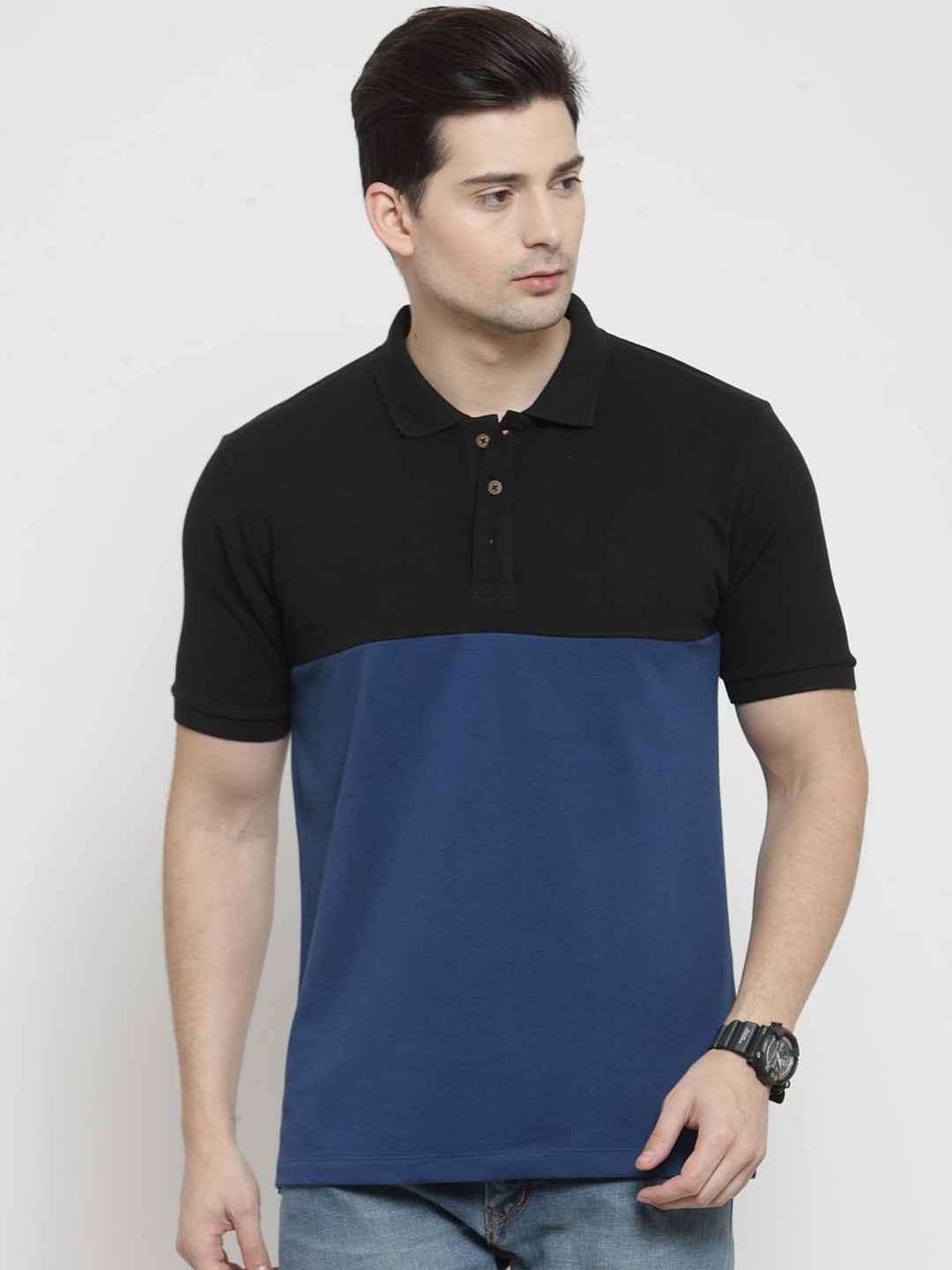

Kalt Men Blue & Black Colourblocked Polo Collar T-shirt