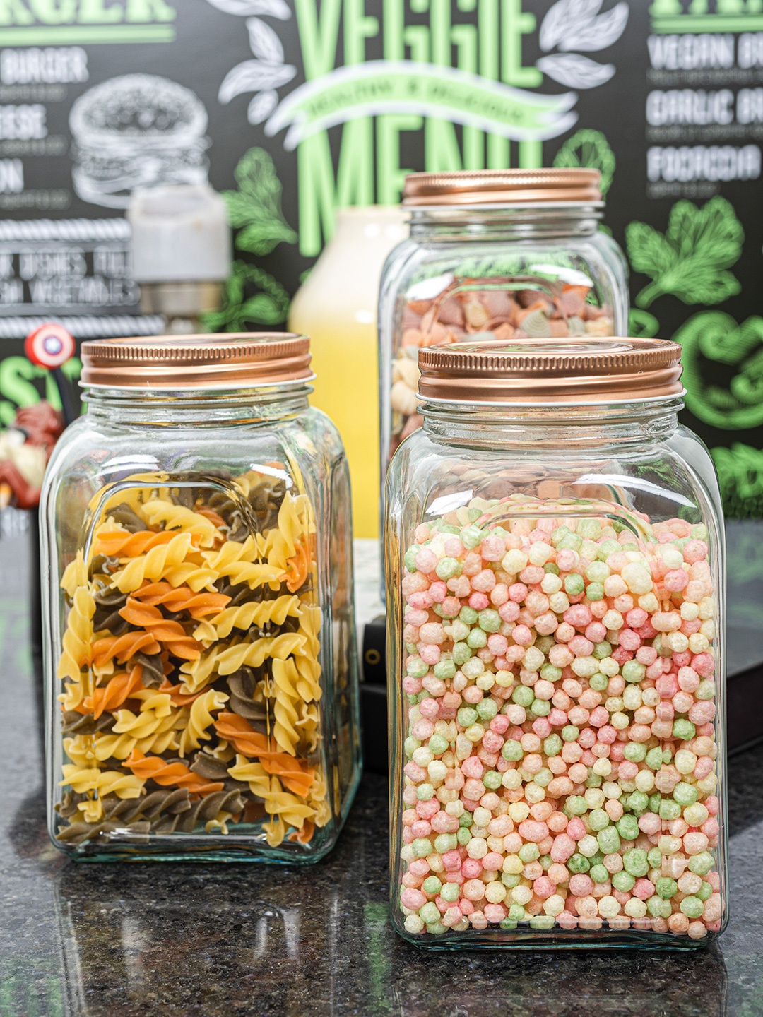 

White Gold Set Of 3 Transparent Glass Storage Jars With Copper Lid