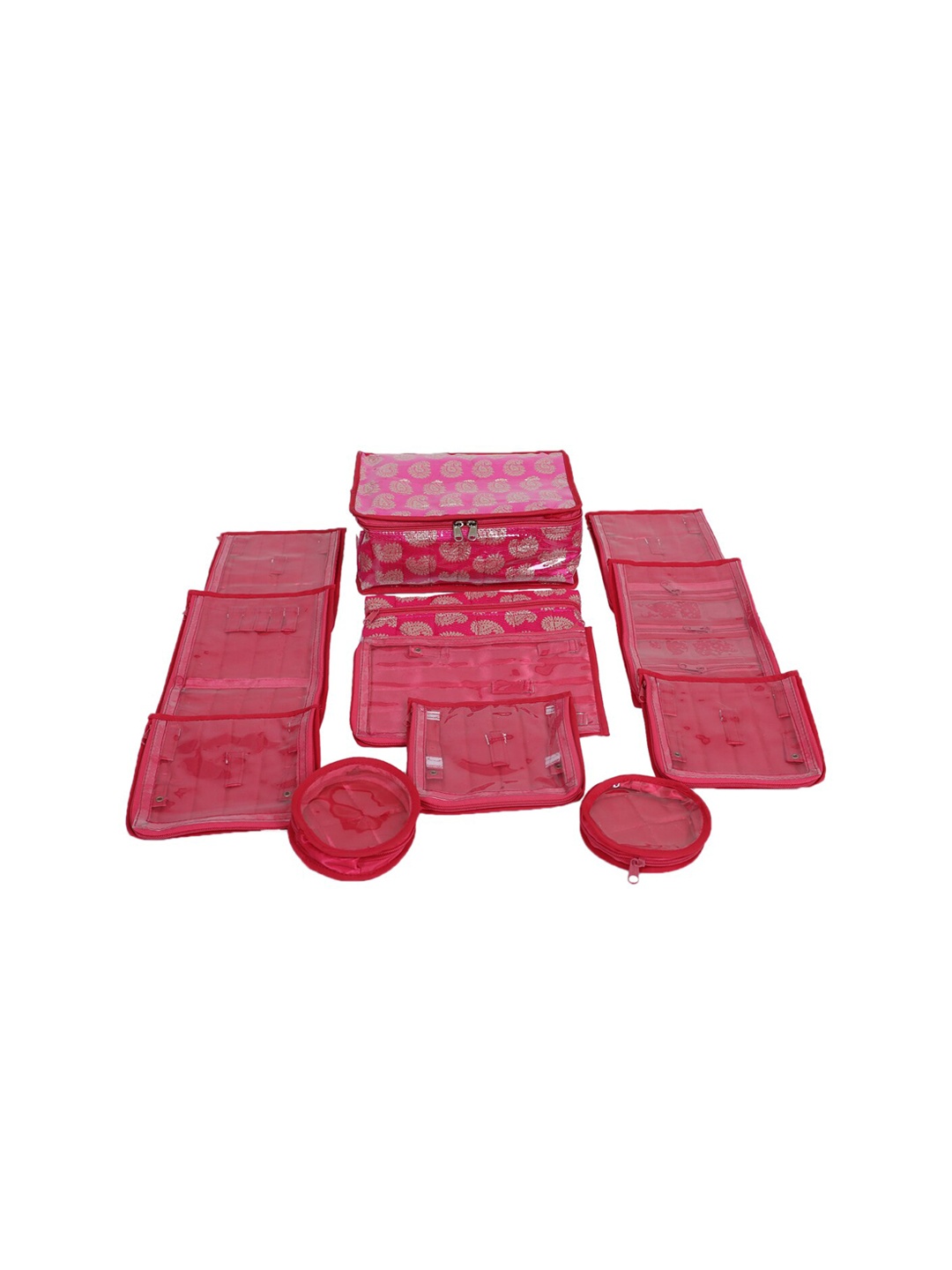 

Kuber Industries Set Of 12 Pink & Silver-Coloured Brocade Jewellery Organiser Kit