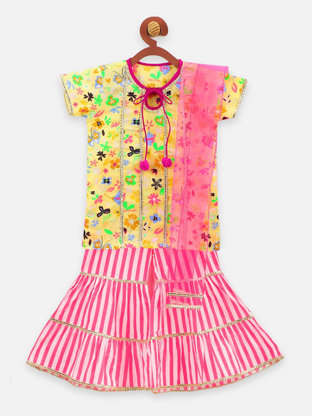 

LilPicks Girls Yellow & Pink Printed Kurta with Sharara & Dupatta