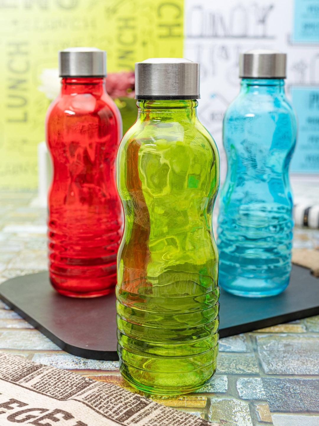 

White Gold Set Of 3 Solid Glass Bottles, Red