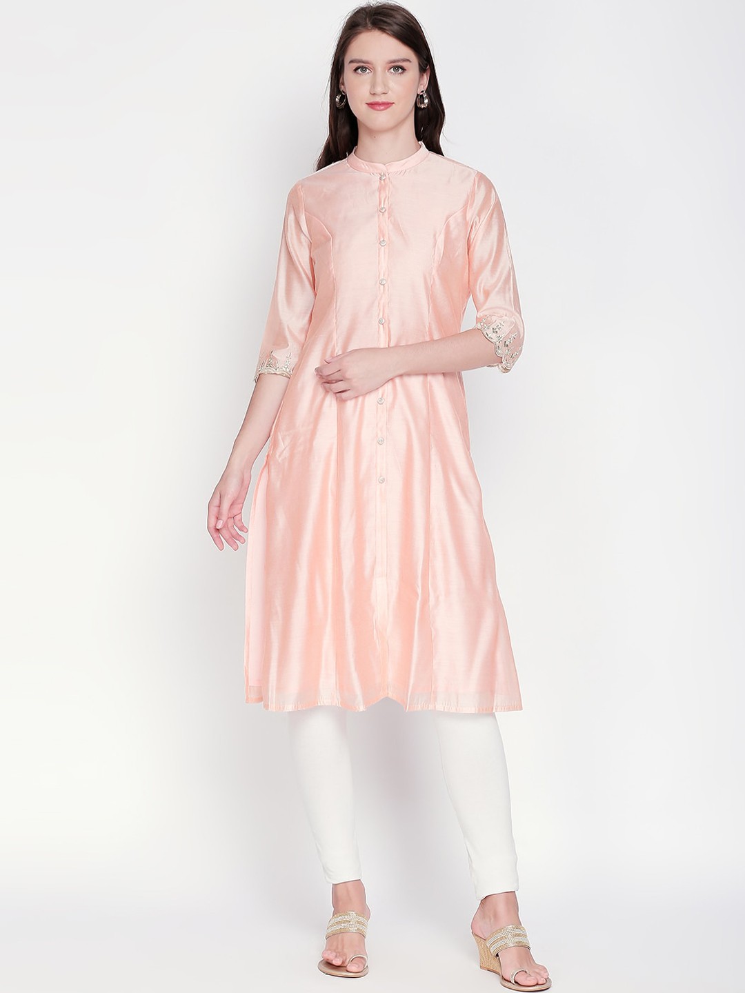 

RANGMANCH BY PANTALOONS Women Peach-Coloured Solid A-Line Kurta
