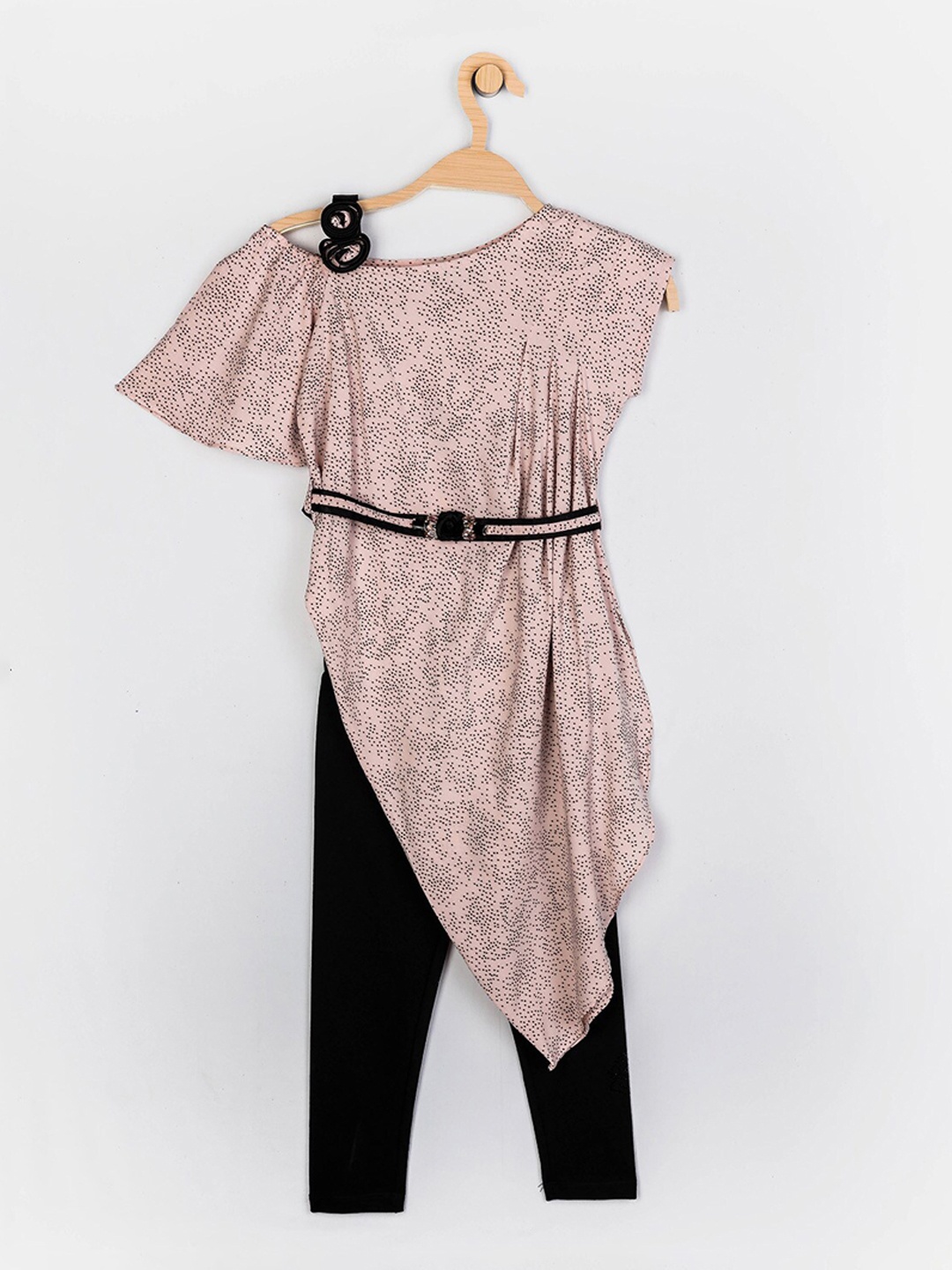 

Peppermint Girls Peach-Coloured & Black Printed Top with Leggings