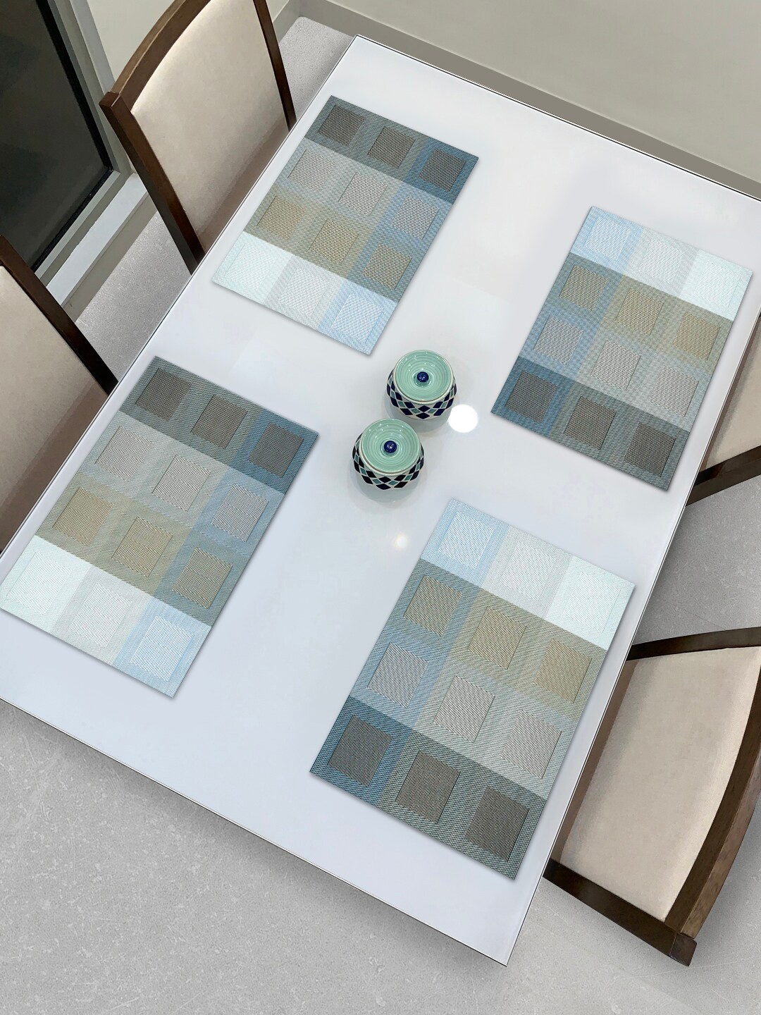 

HOKIPO Set Of 4 Blue & Grey Geometric Reversible Table Placemats