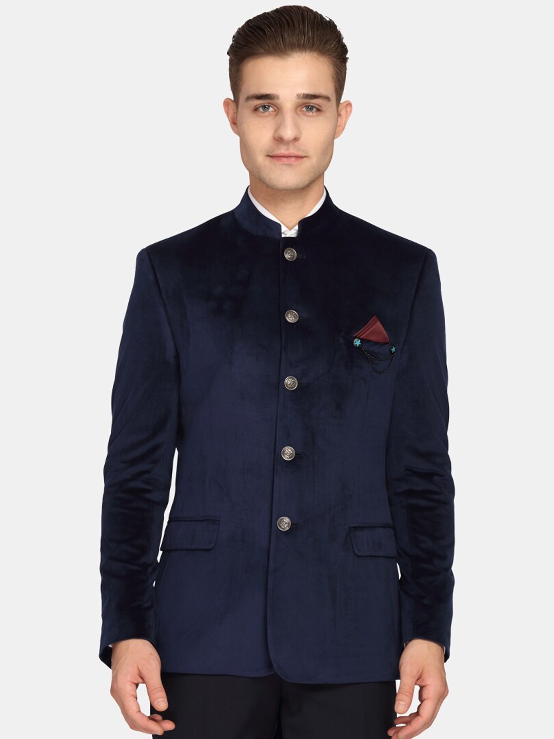 

Theme Men Navy Blue Solid Super Slim-Fit Bandhgala Blazer