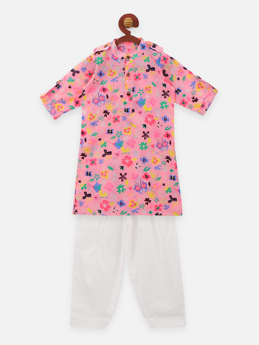 LilPicks Boys Pink & White Floral Printed Kurta with Pyjamas