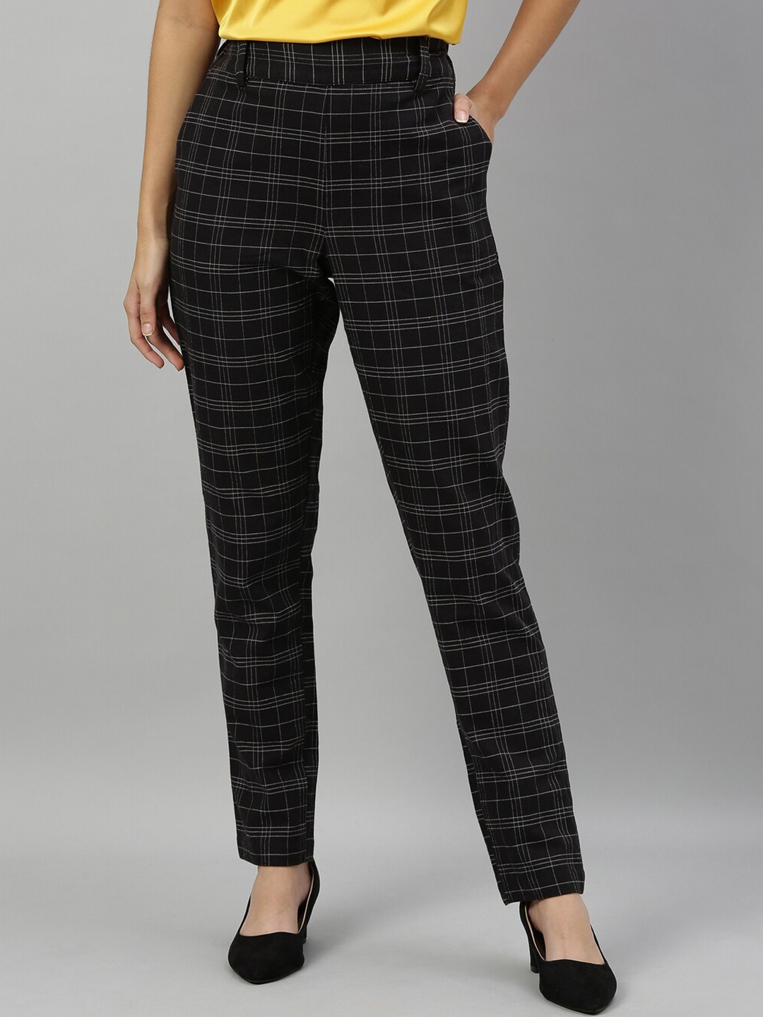 

RAREISM Women Black & Grey Slim Fit Checked Regular Trousers