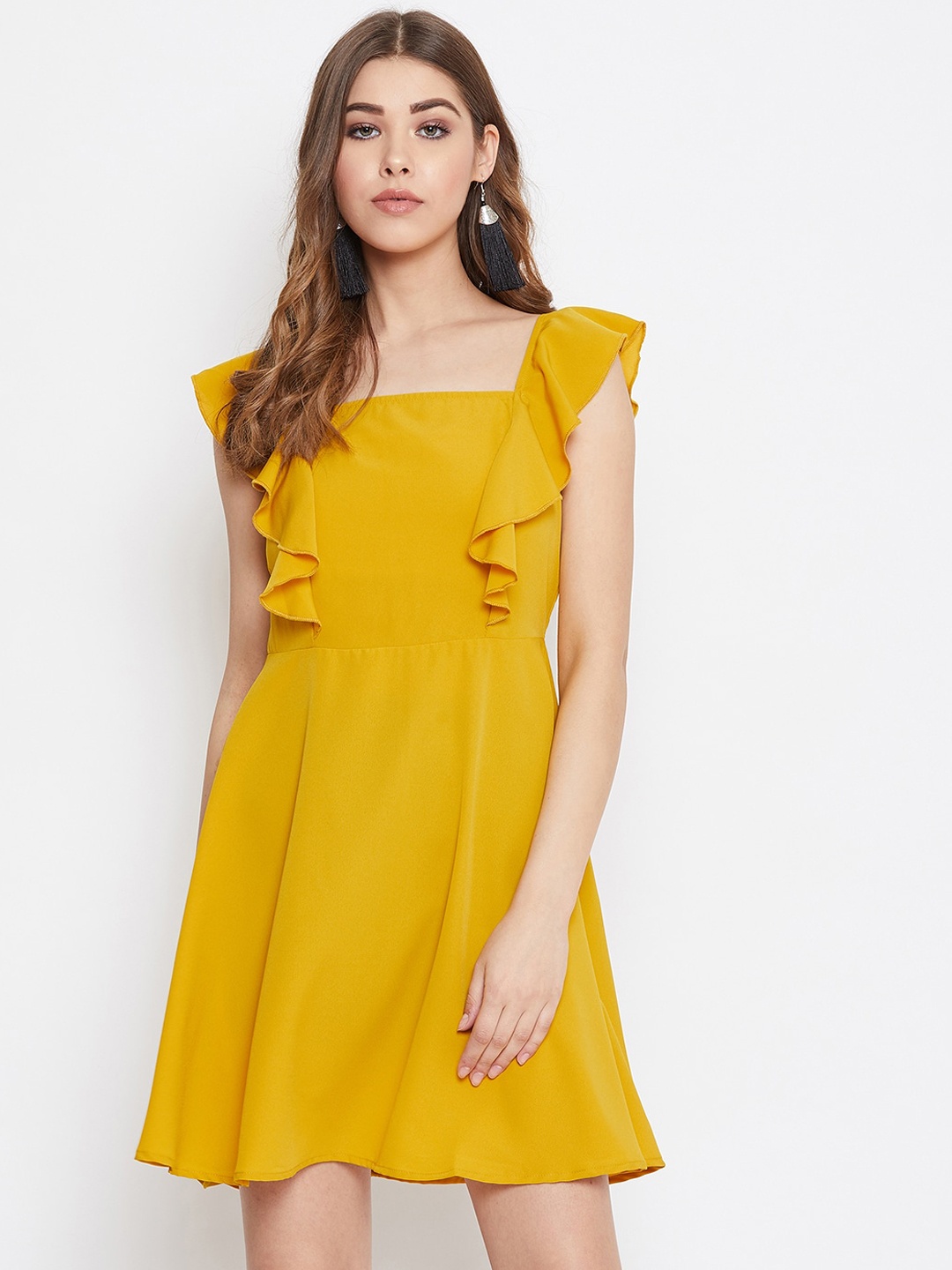 

Berrylush Women Mustard Yellow Solid Fit and Flare Dress