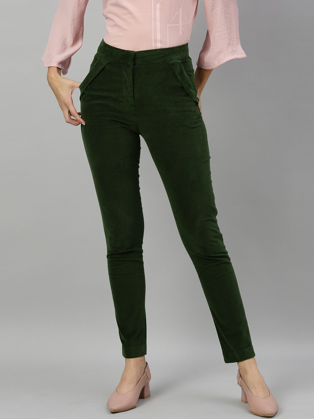 

RAREISM Women Olive Green Slim Fit Solid Regular Trousers