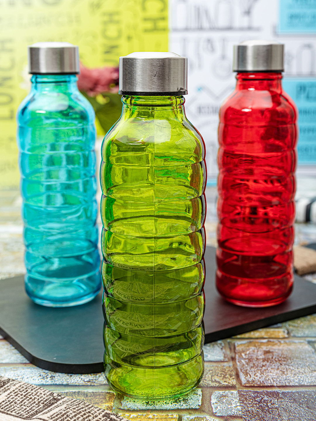 

White Gold Set Of 3 Solid Glass Bottles, Red