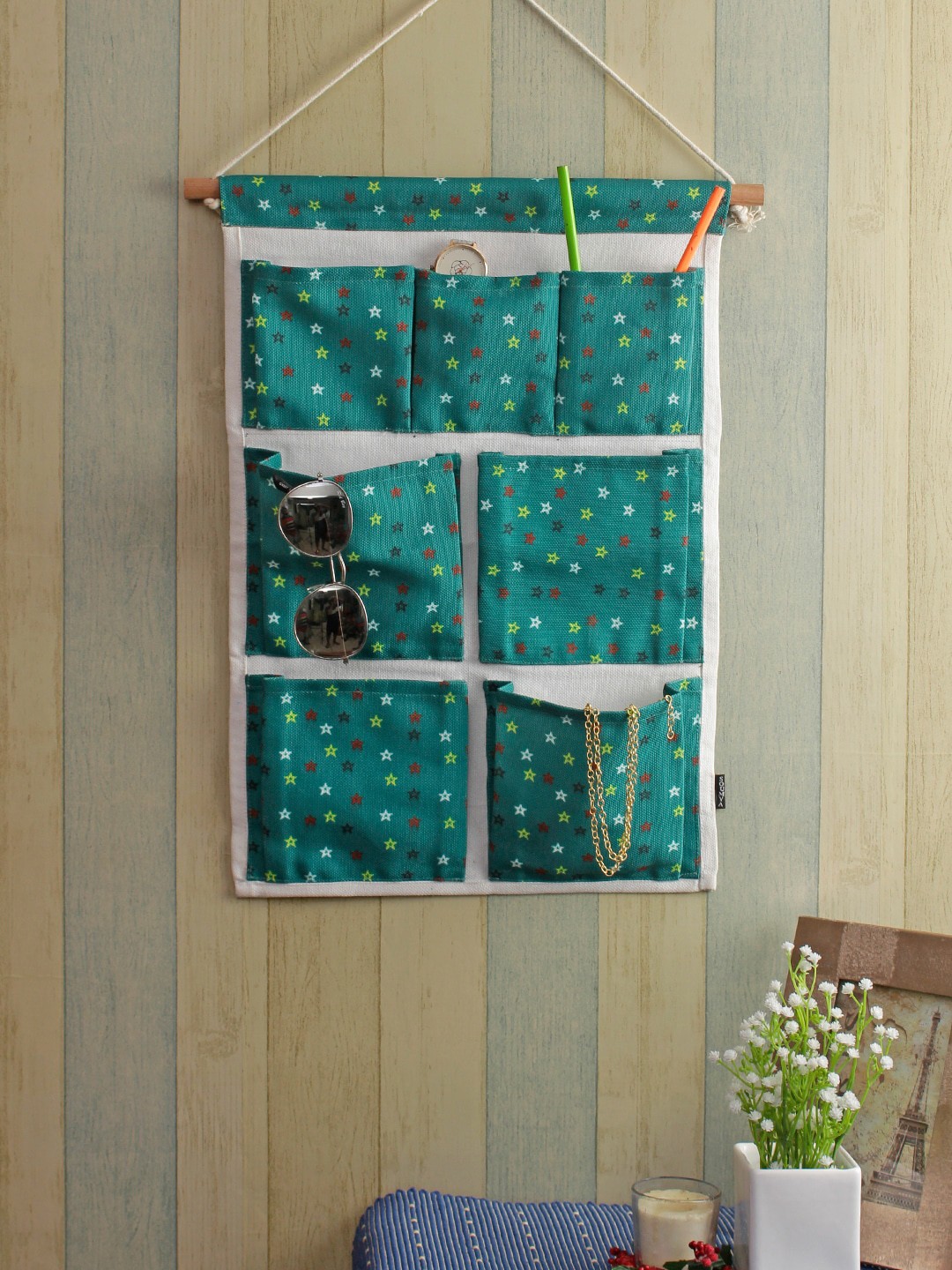 

Soumya Green & White Printed 7 Pocket Multi-Purpose Wall Hanging Organizer