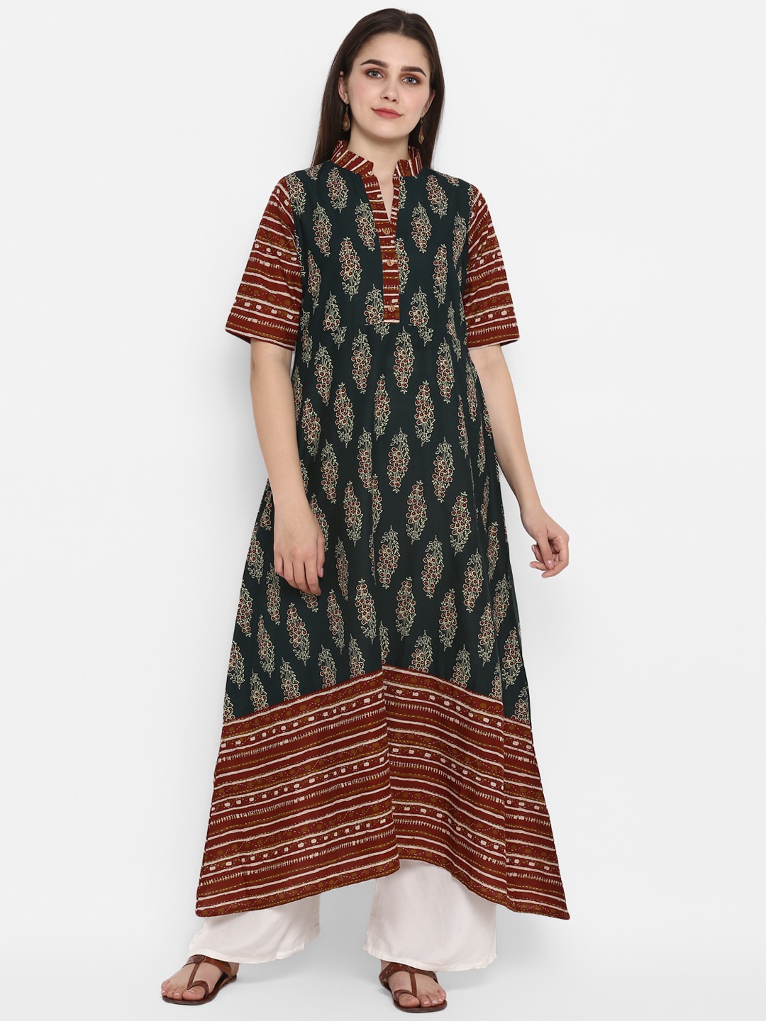 

ZOEYAMS Women Green & Brown Printed Anarkali Kurta