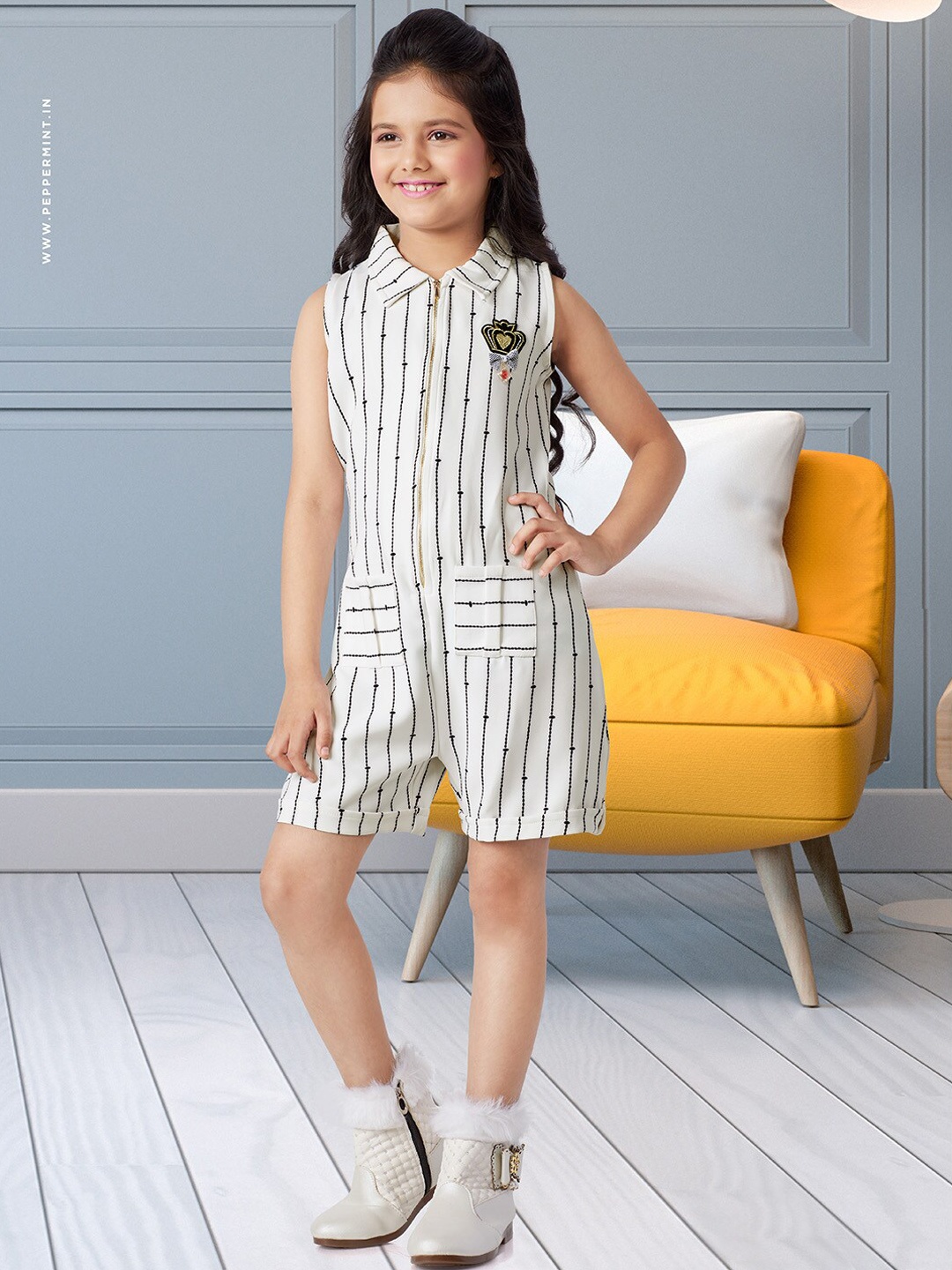 

Peppermint Girls White & Black Striped Playsuit