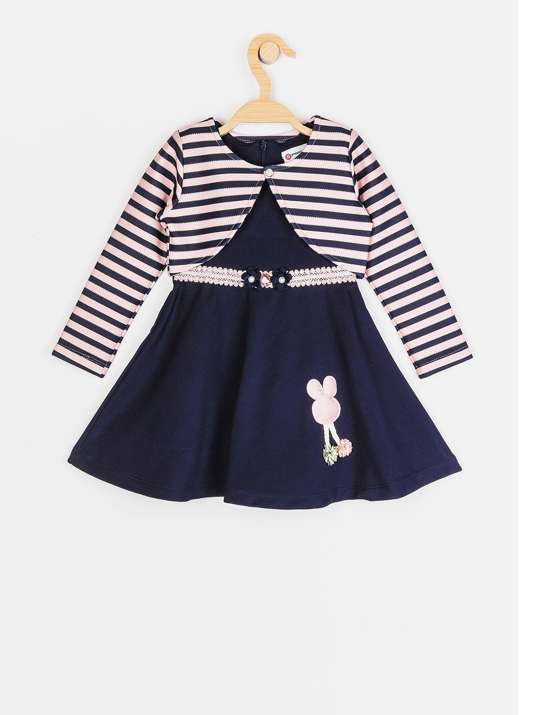 Peppermint Girls Navy Blue Self Design Fit and Flare Dress With Shrug