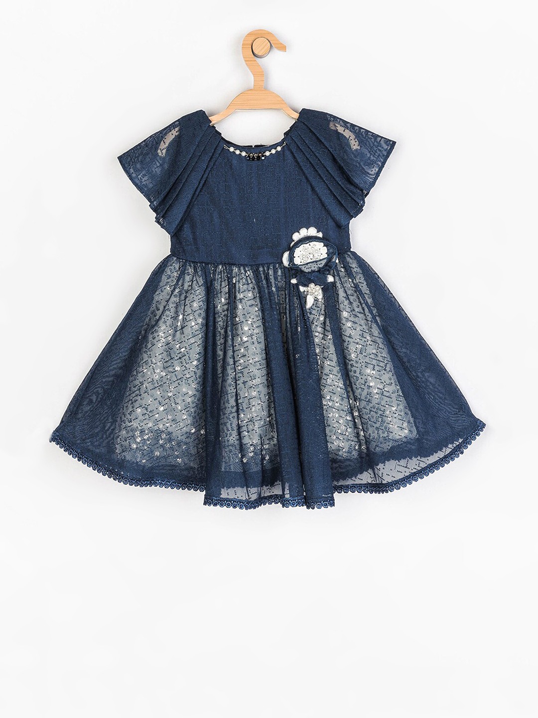 

Peppermint Girls Teal Self Design A-Line Dress