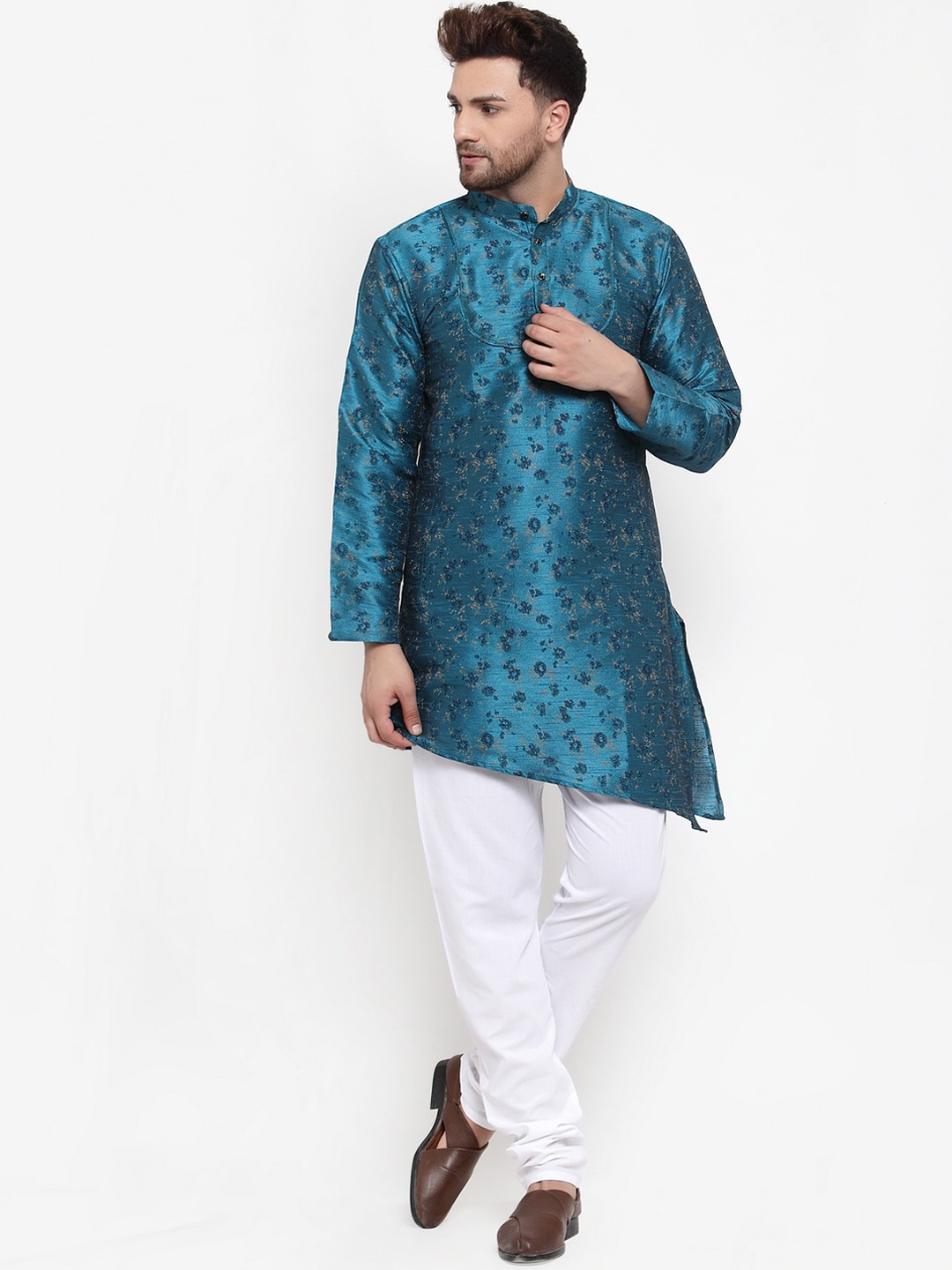 

KLOTTHE Men Teal Blue & White Self Design Kurta with Pyjamas