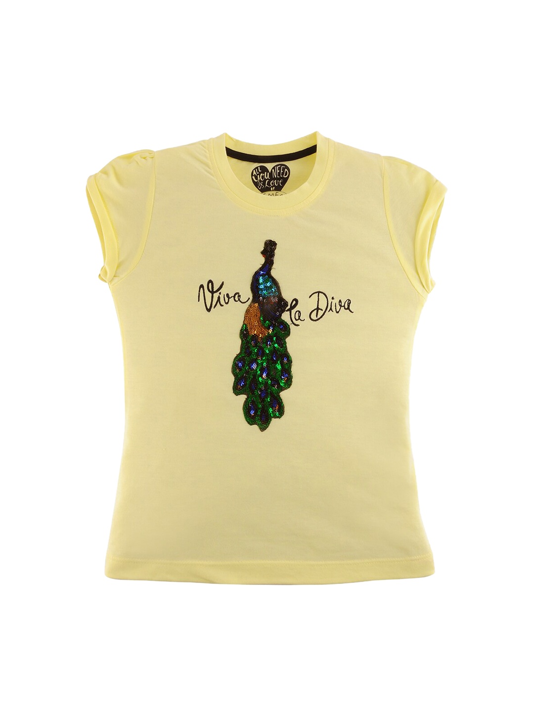 

FEMEA Girls Yellow Self Design Sequence Pure Cotton Top