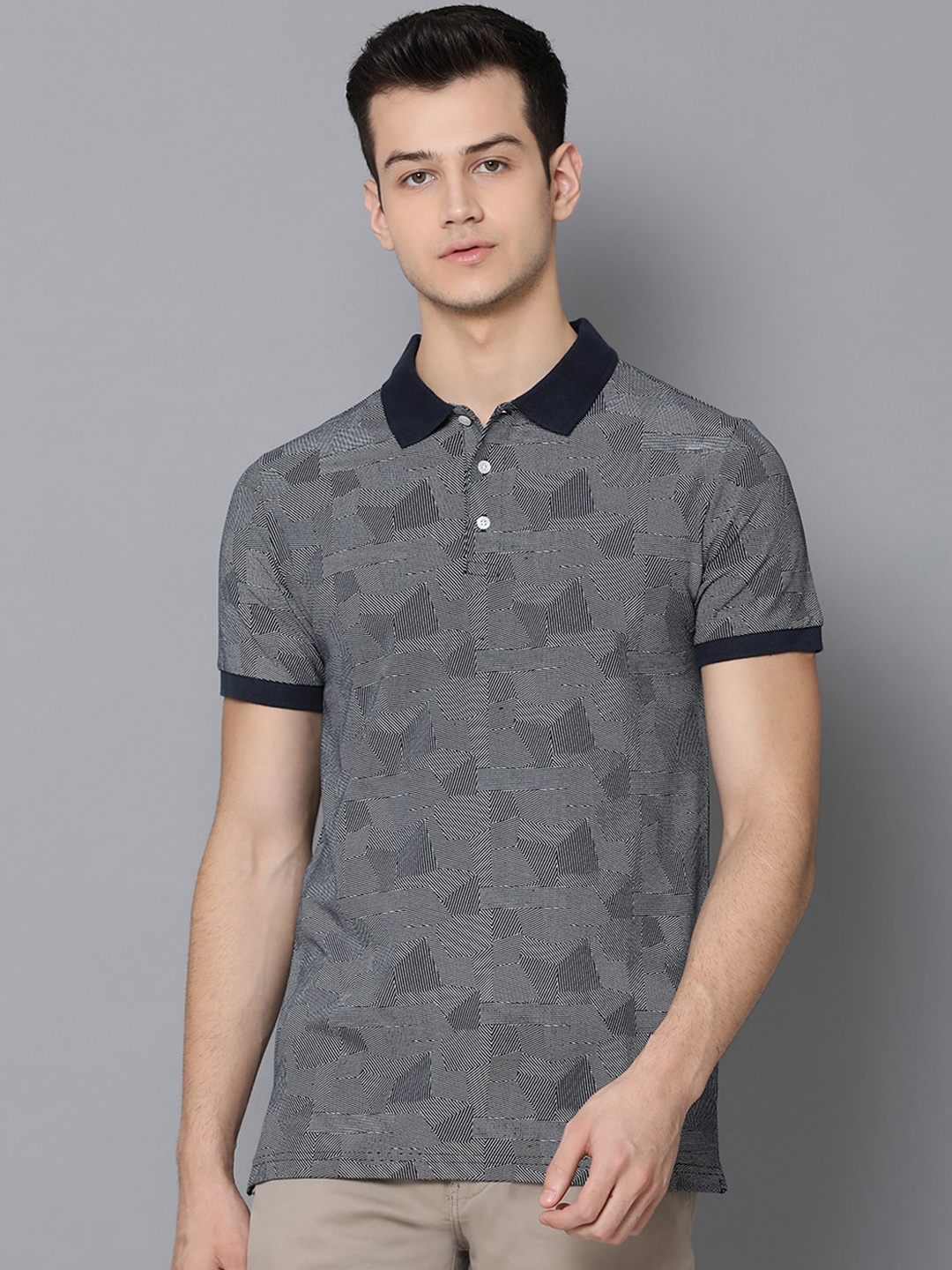 

LINDBERGH Men Blue Printed Polo Collar Pure Cotton T-shirt