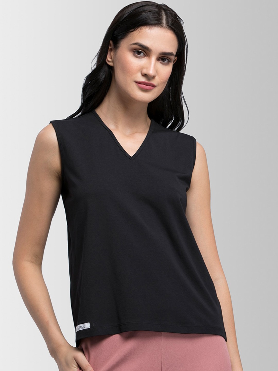 

FableStreet Women Black Solid V-Neck T-shirt