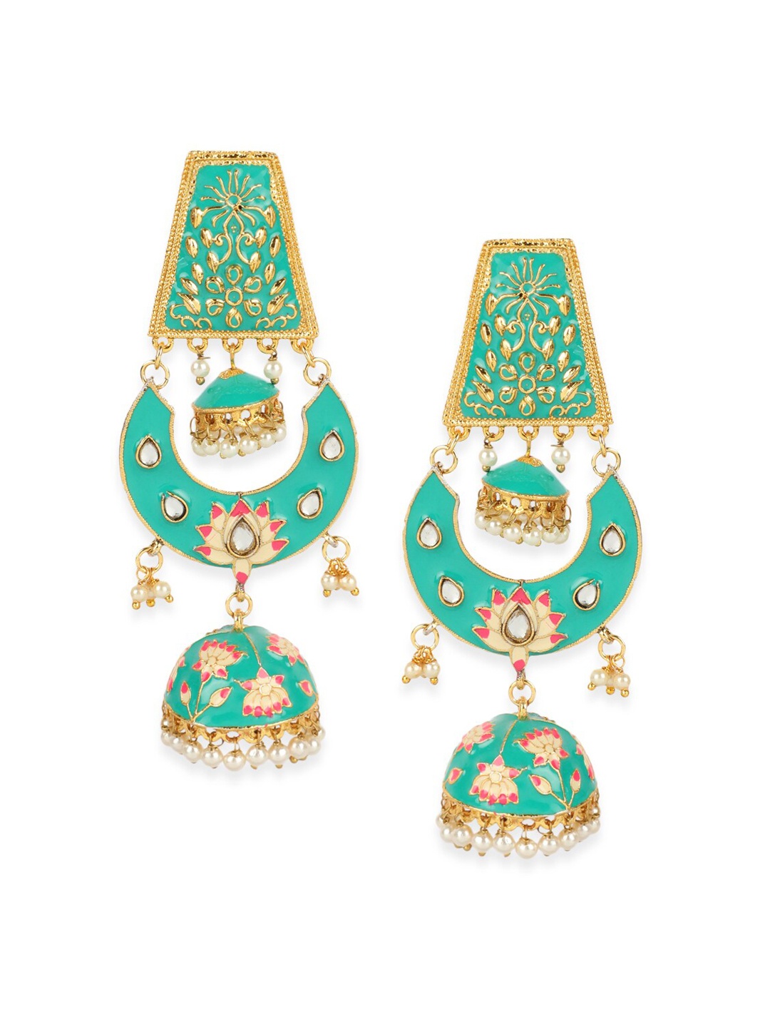 

ANIKAS CREATION Gold-Plated & Sea Green Dome Shaped Meenakari Jhumkas