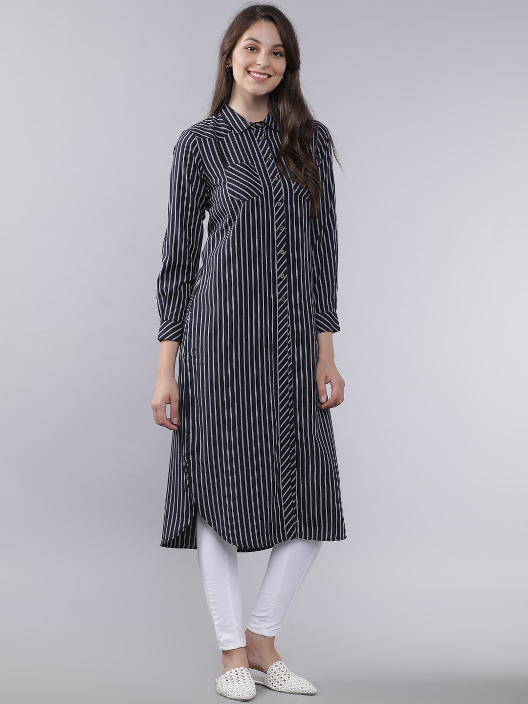 

Tokyo Talkies Women Navy Blue Striped Shirt Dress