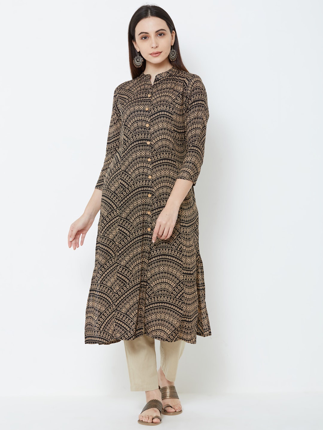 

FASHOR Women Black & Beige Printed A-Line Kurta