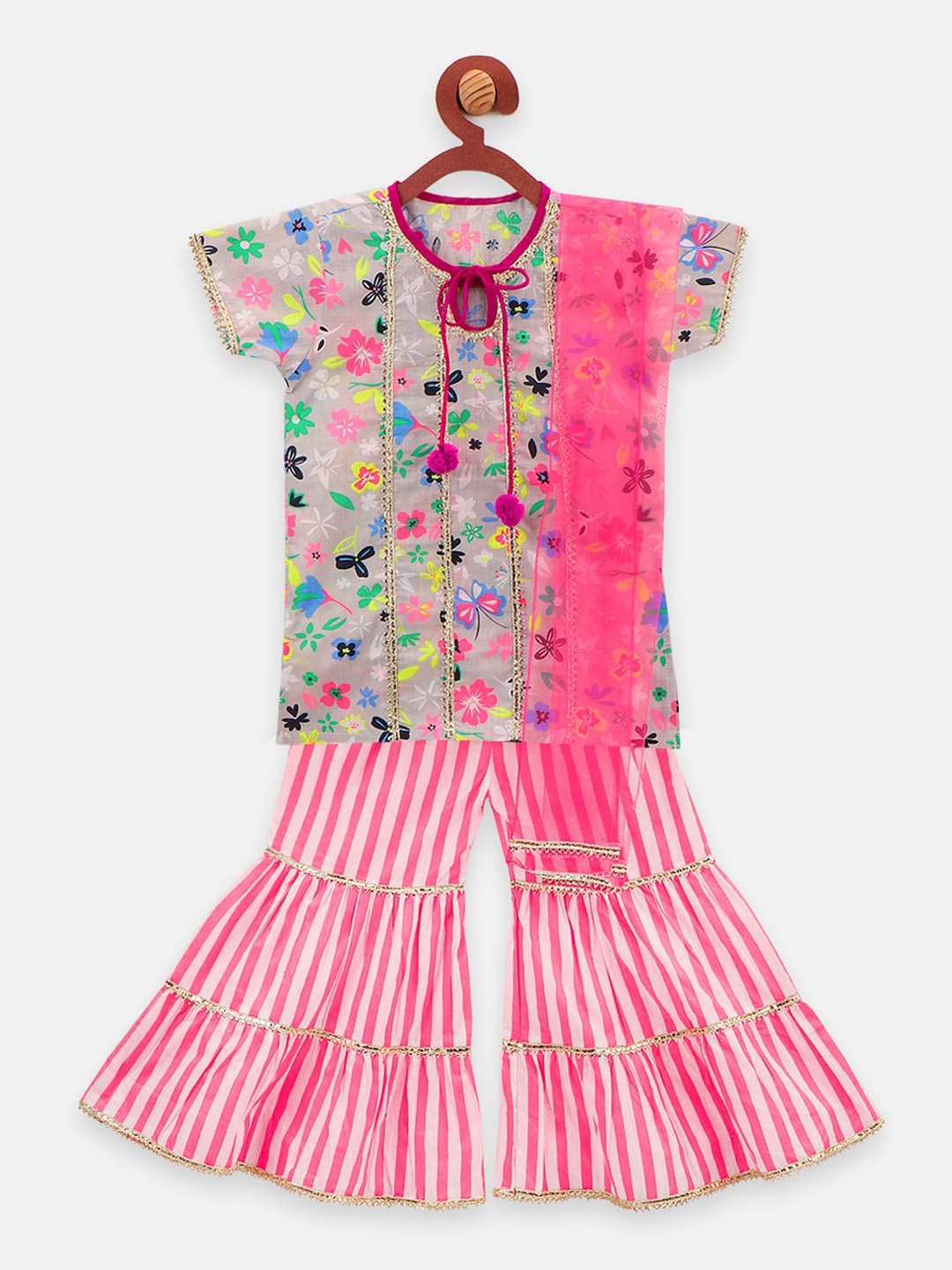 

LilPicks Girls Multicoloured Floral Print Kurta with Sharara & Dupatta, Multi